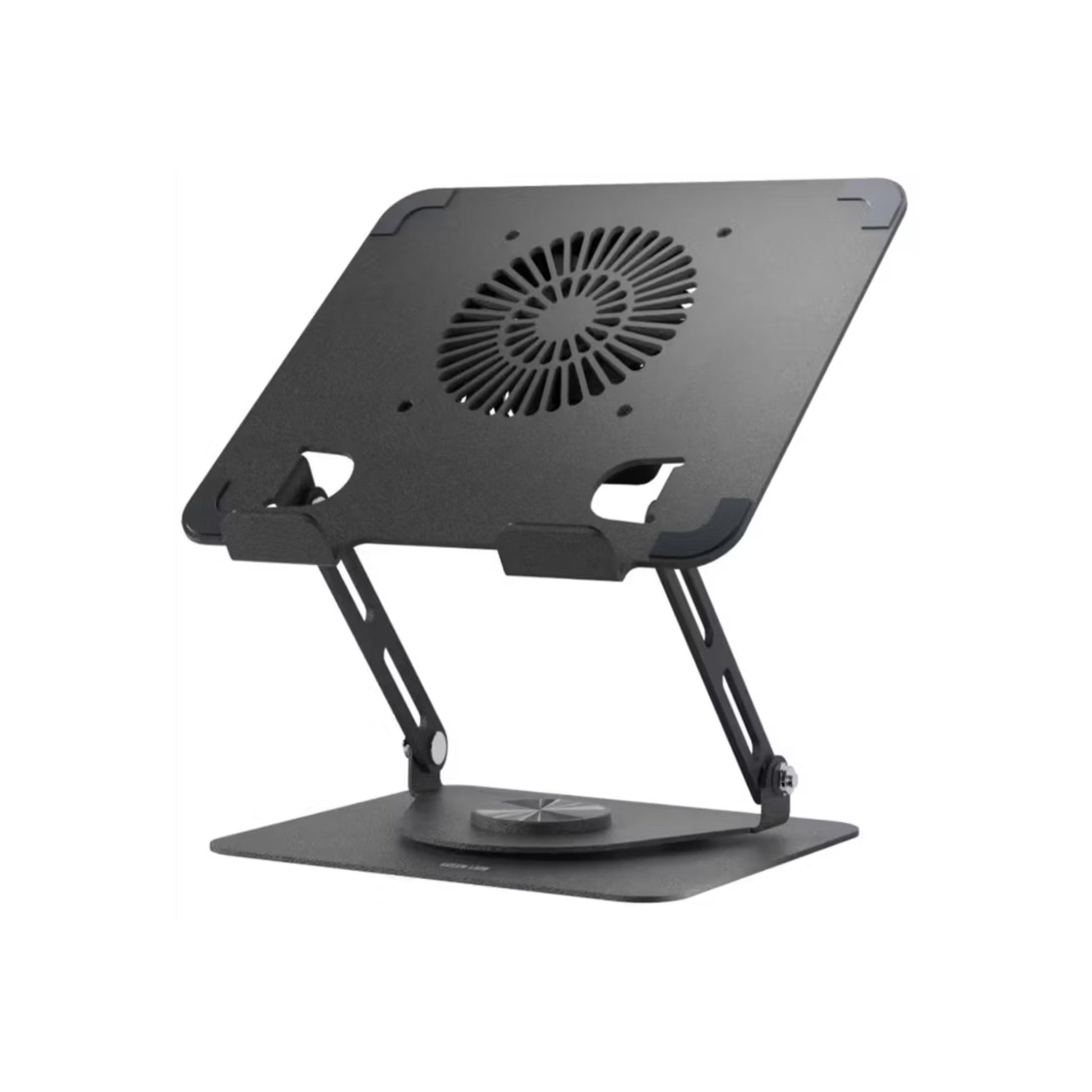 Black laptop stand with fan on a white background