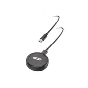 Black wireless charging pad with USB-C cable on a white background