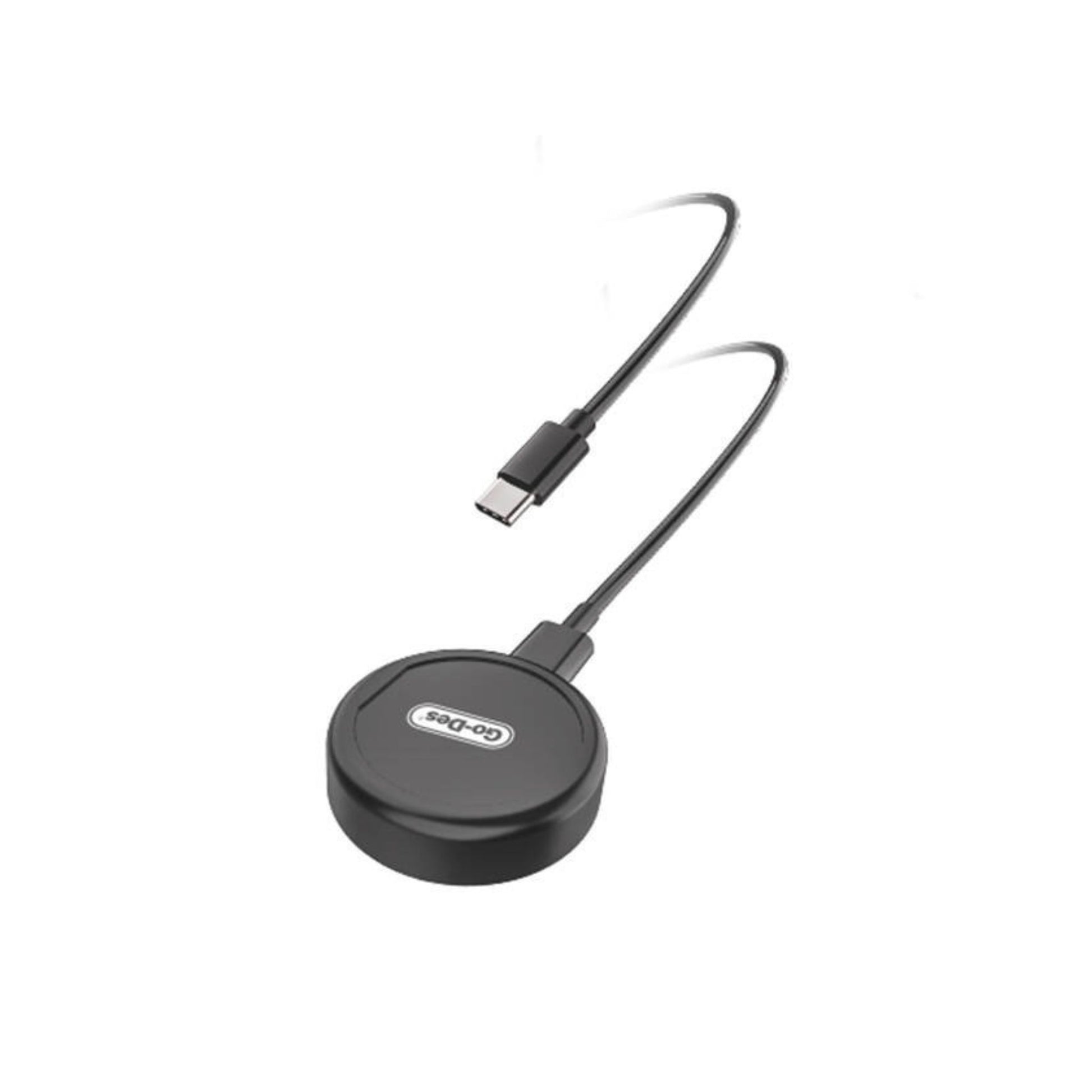 Black wireless charging pad with USB-C cable on a white background