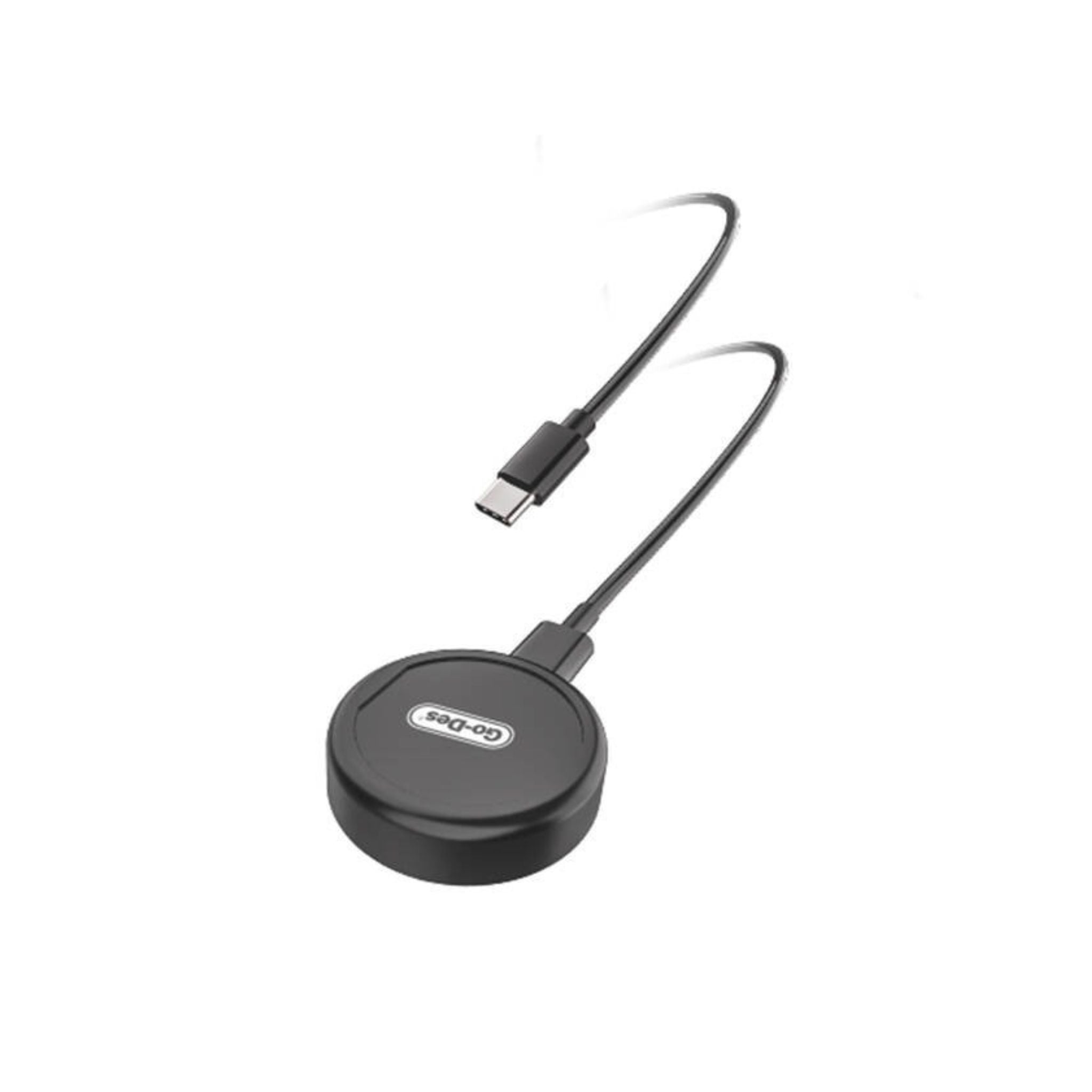 Black wireless charging pad with USB-C cable on a white background