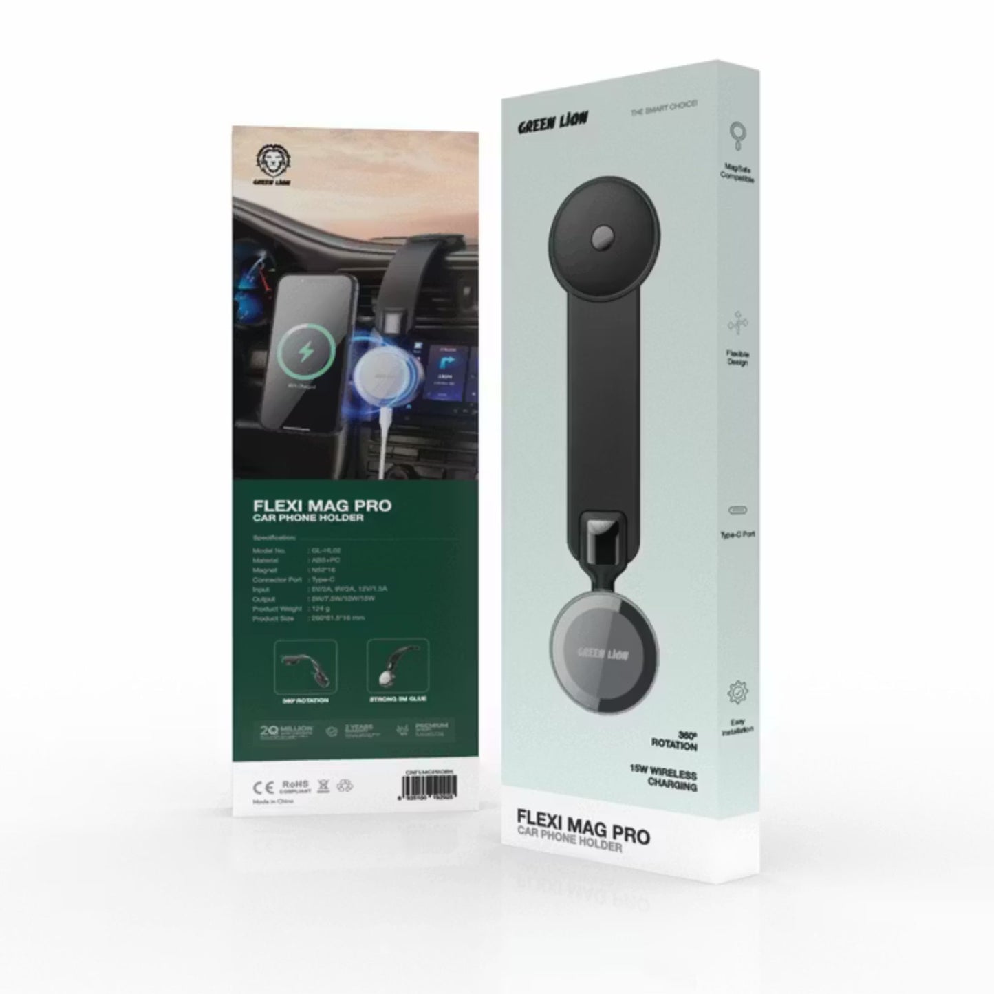 Green Lion Flexi Mag Pro Car Phone Holder, Lightweight, 360° Rotation, Flexible Design, Type-C Connector Port, Easy Installation, Power Delivery Up to 15W - Black