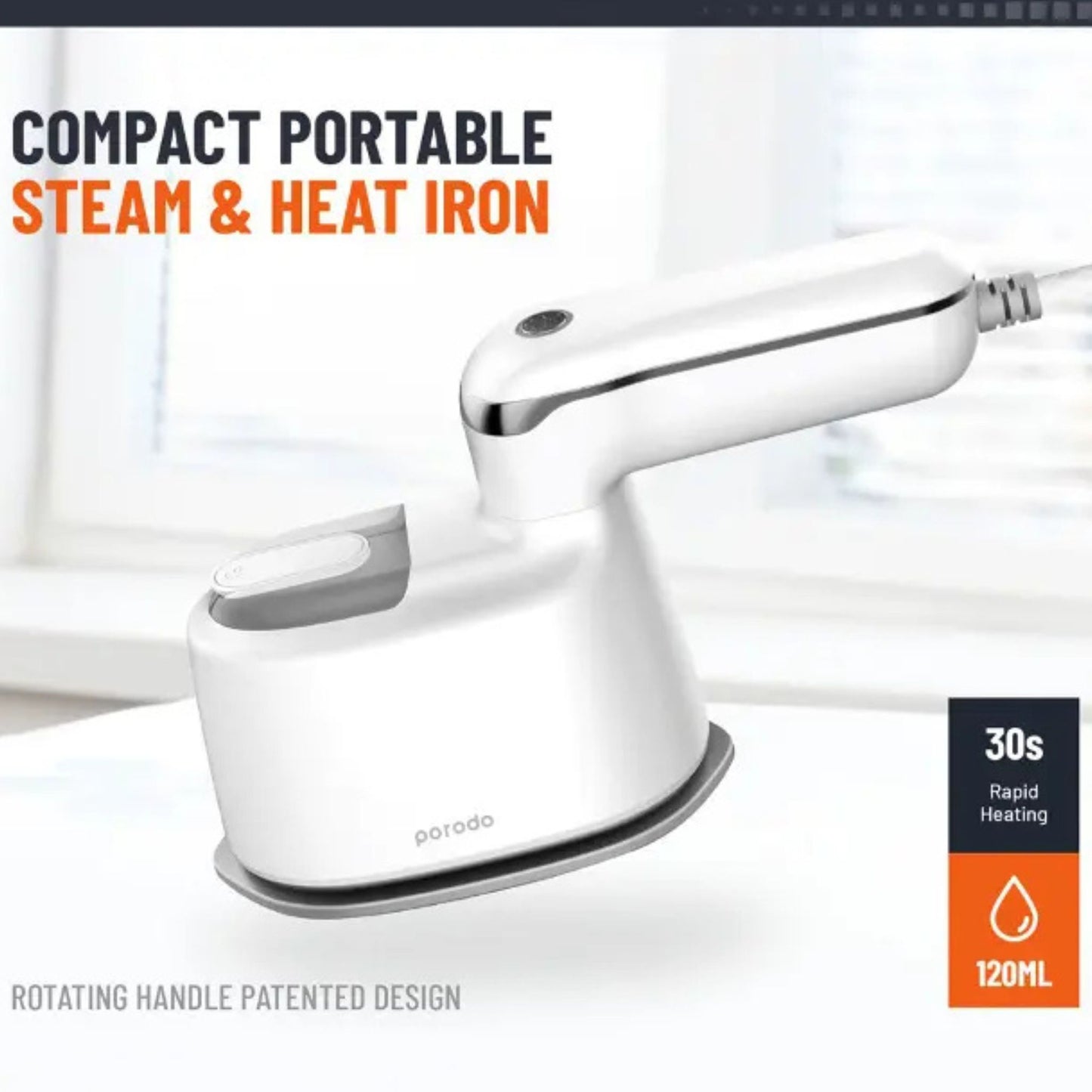 Porodo Compact Portable Steam & Heat Iron With Rotating Handle Patented Design with 120ML Water Tank Capacity, Ceramic Soleplate Handheld Steam Flat Iron Dry & Wet, Garment Steamer 1100W - White