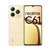 Gold smartphone with 'realme' branding on a white background