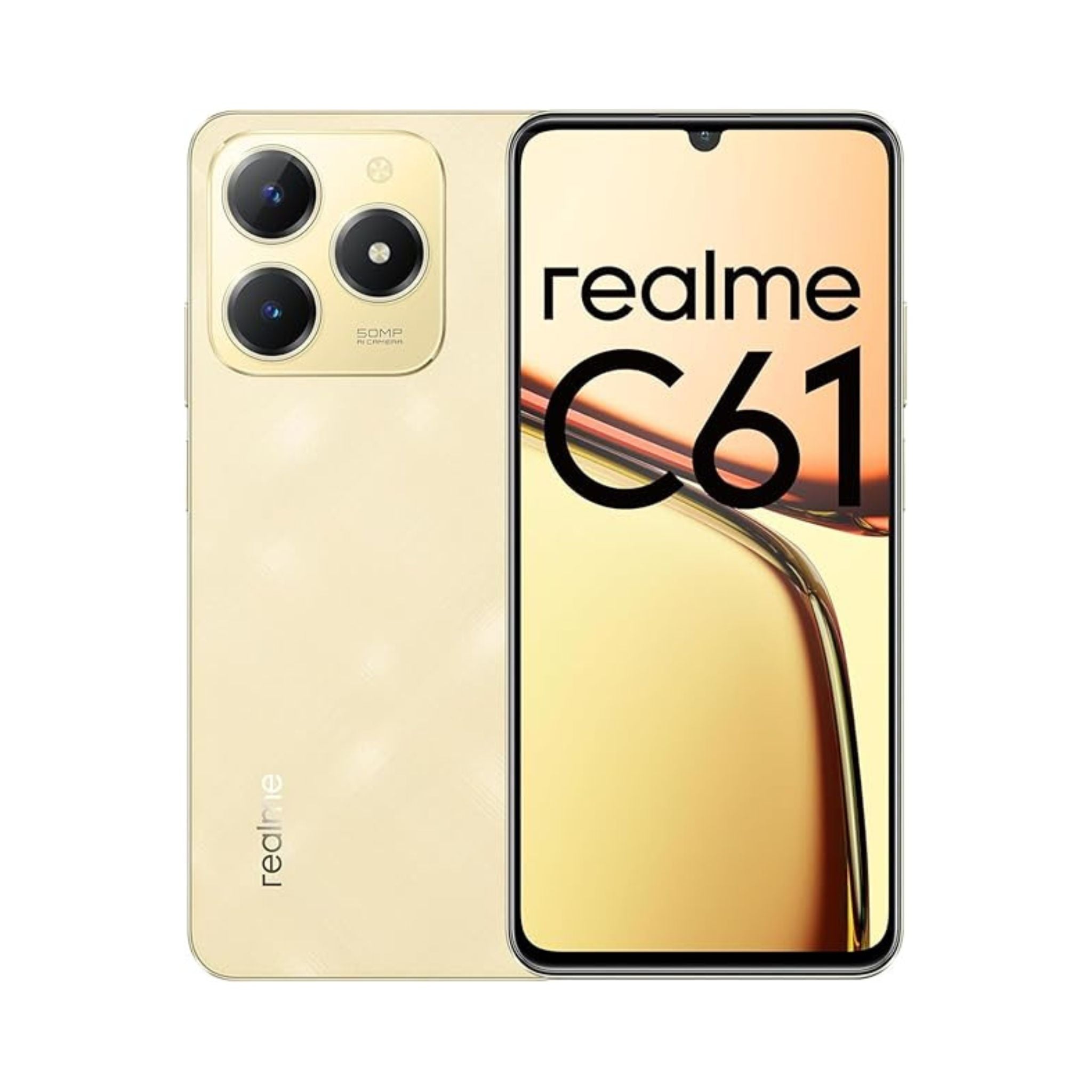 Gold smartphone with 'realme' branding on a white background