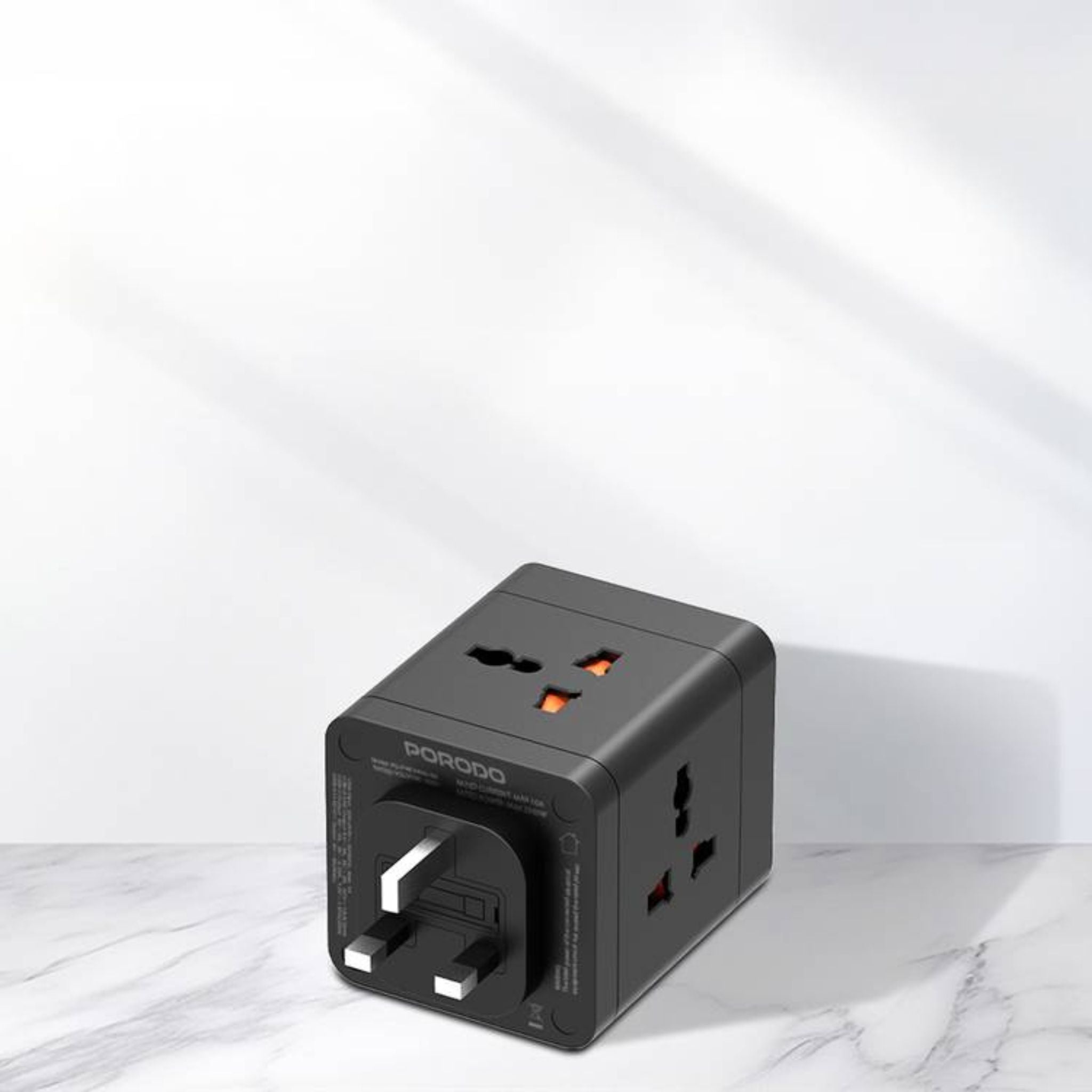Porodo 4-AC Universal Power Block Adapter with USB-C & Dual USB-A Ports, Fast Charge, 20W Power Delivery, Built-in Safeguards, Simultaneous Charging, 2500W Rated Power - Black