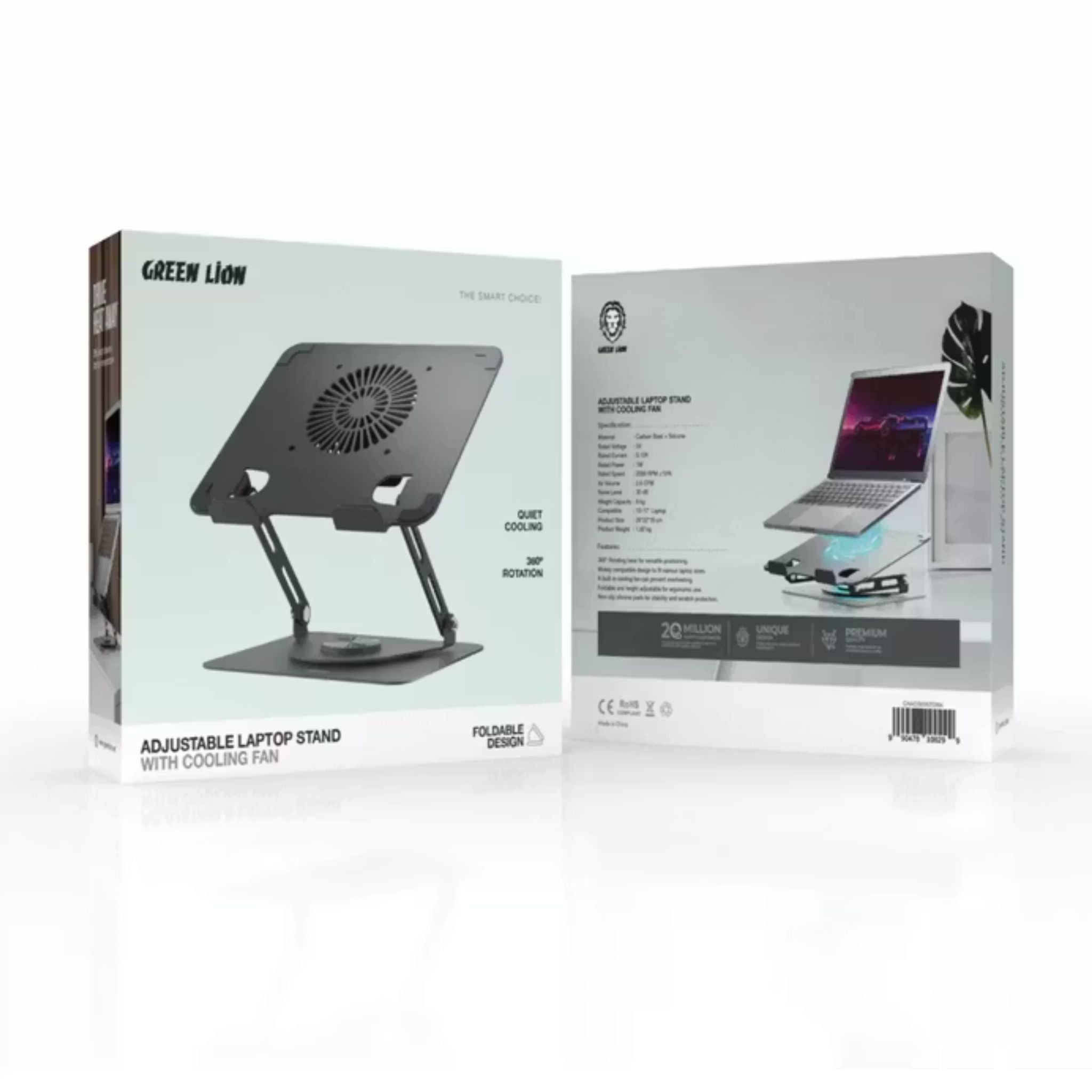 Green Lion Adjustable Laptop Stand with Cooling Fan, 8kg Weight Capacity, Widely Compatible Design to Fit Various Laptop Sizes - Black
