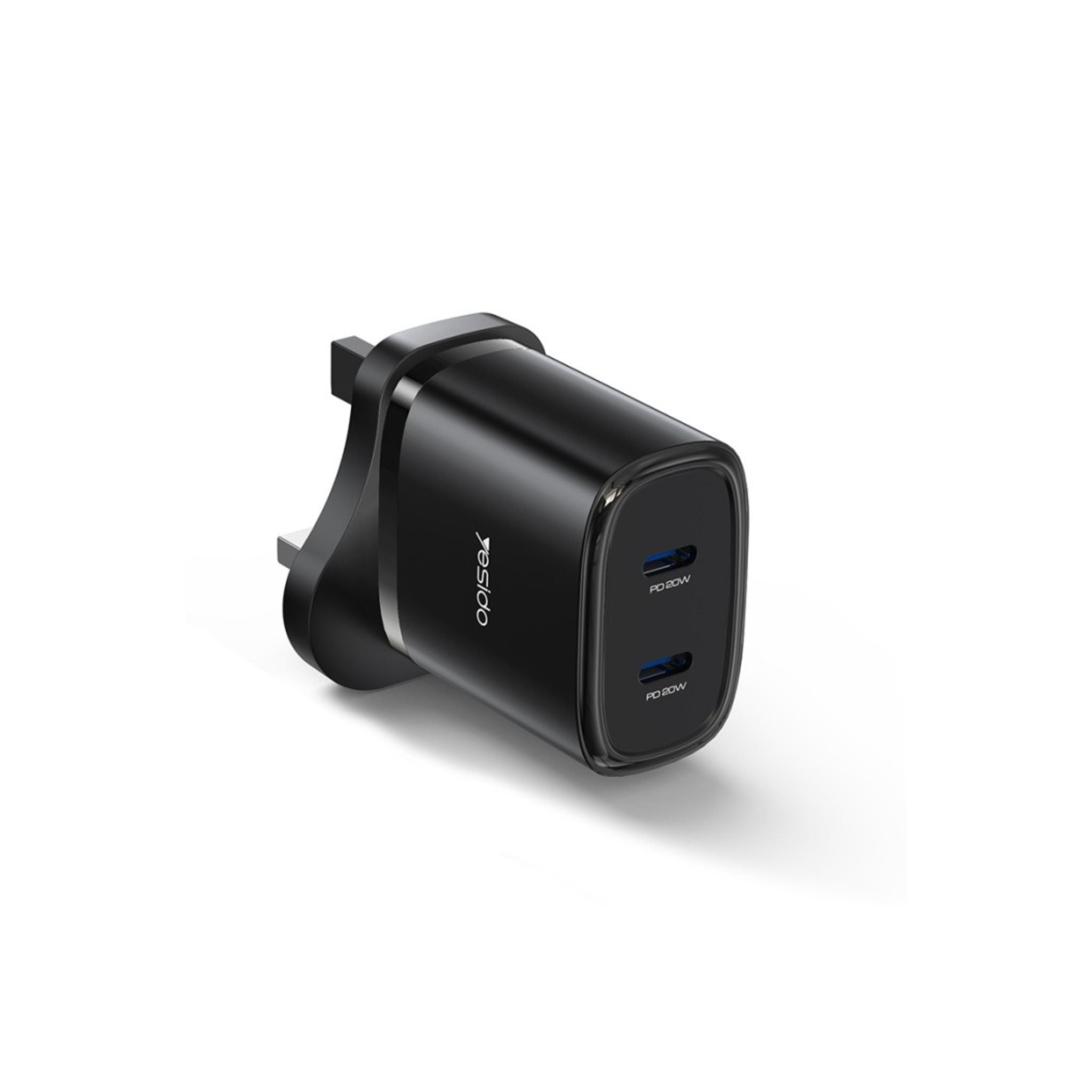 Black USB charger with multiple ports on a white background