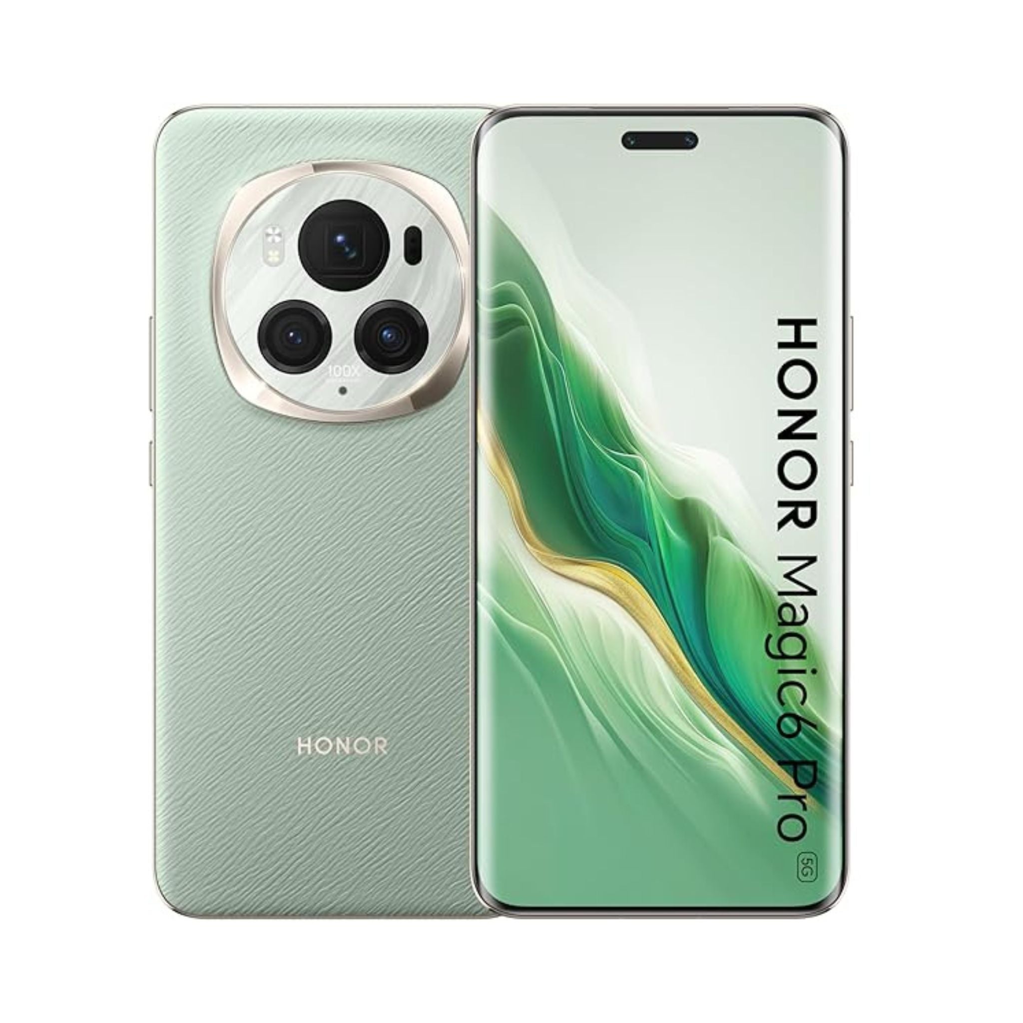 HONOR Magic 6 Pro smartphone in green color with a prominent camera module on the back, featuring multiple lenses and a periscope design.