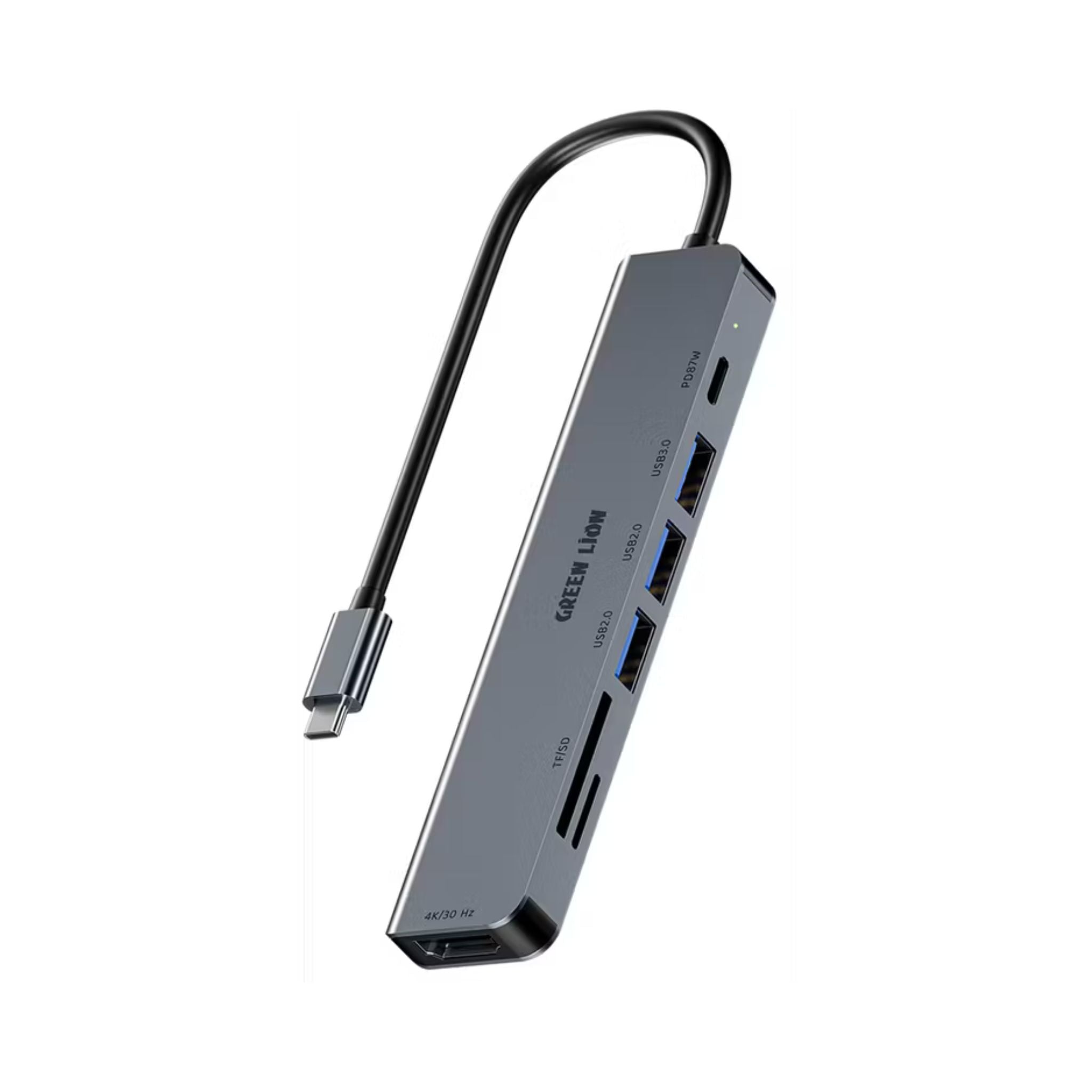 Gray USB hub with multiple ports on a white background