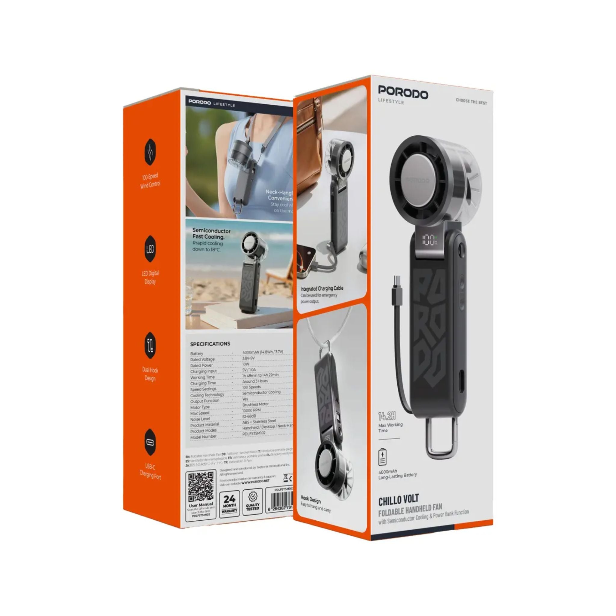 Porodo Lifestyle Chillo Volt Foldable Handheld Fan with Semiconductor Cooling & Power Bank Function - Black