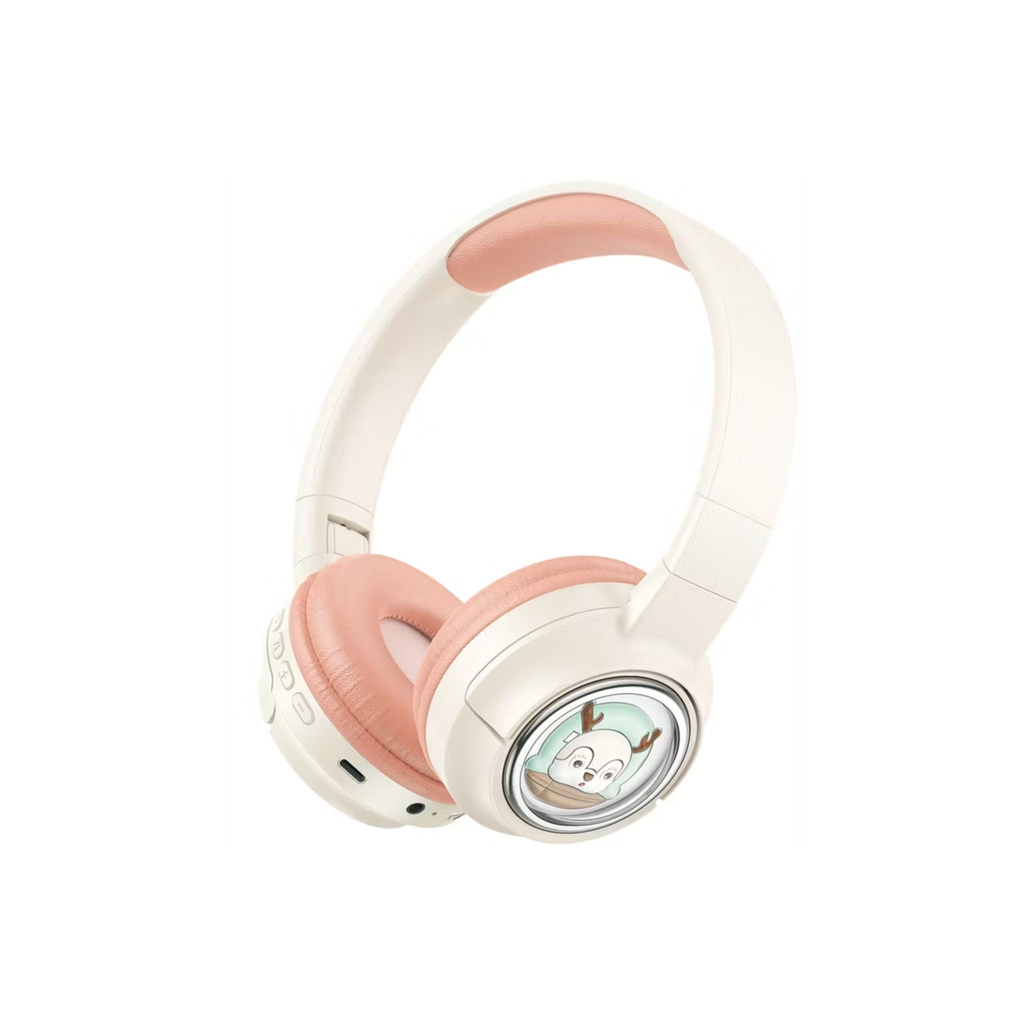 Pink and white headphones with a cartoon character on a white background