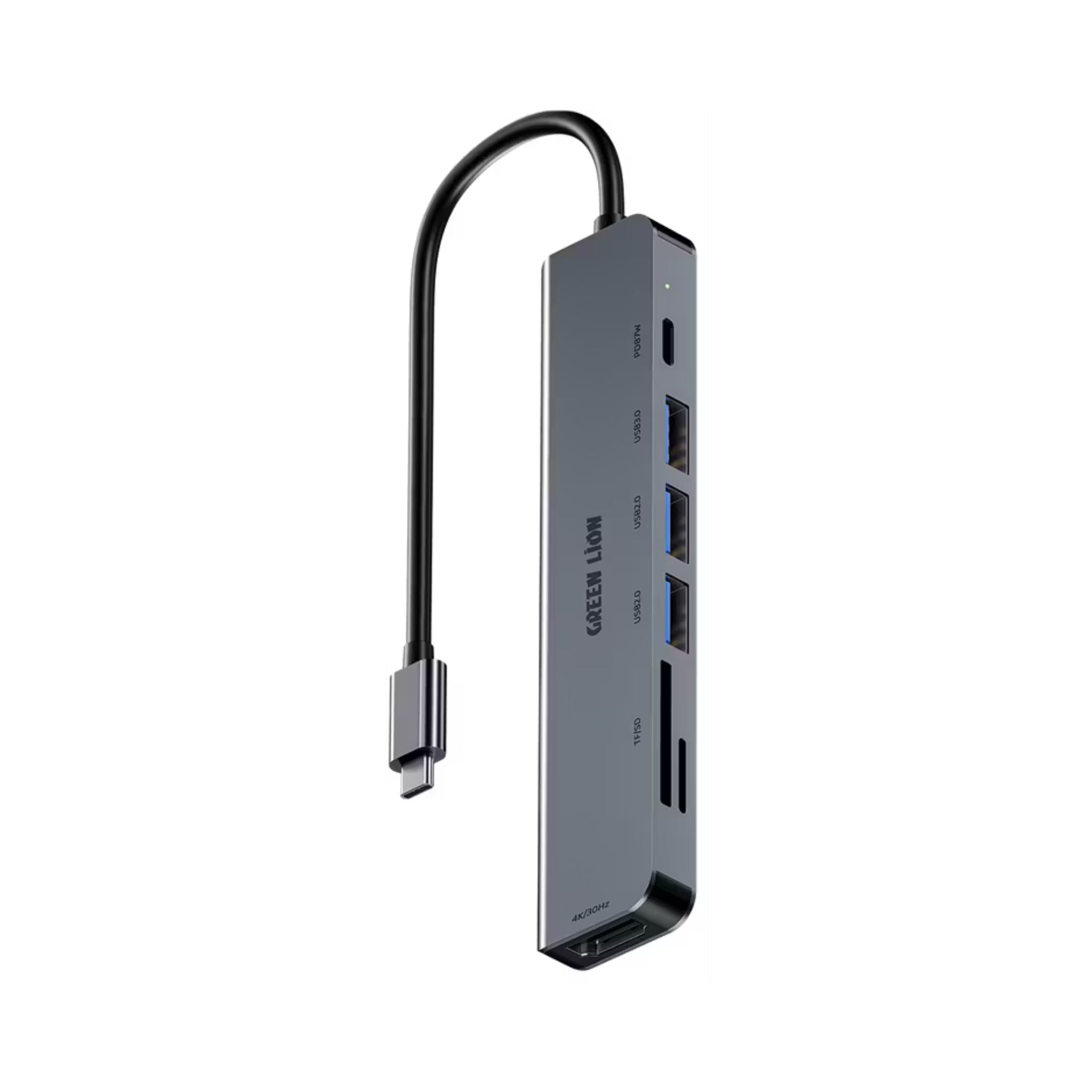 Green Lion 7-in-1 USB-C Hub with 3× USB-A, HDMI, TF/SD Card & USB-C Ports, Aluminum Alloy Material, 4K@30Hz Resolution, 5 Gbps Data Transfer, 16.7cm Cable Length - Gray