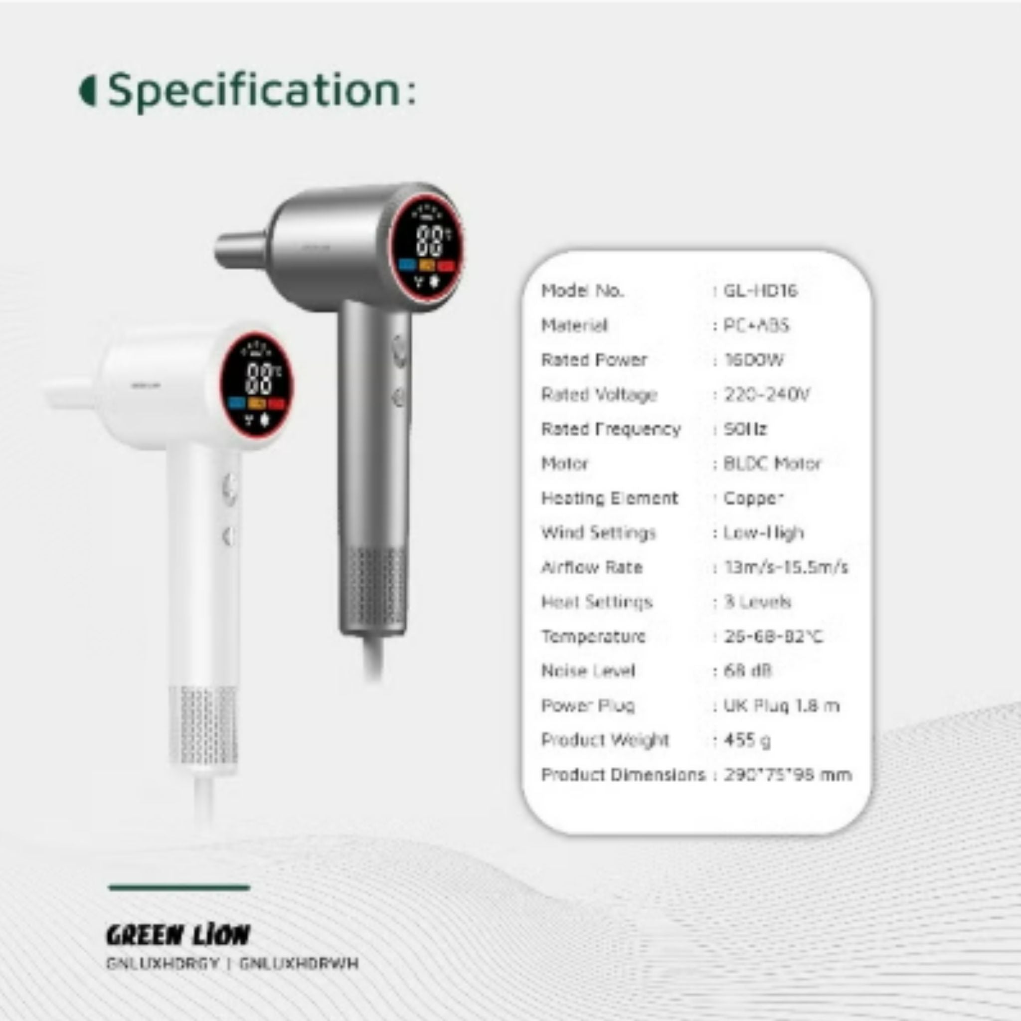 Green Lion LUXAIR Hair Dryer, 1600W BLDC Motor, Digital Display, Hot & Cold Air Alternating Mode, 3 Heat Settings, 2 Wind Speeds, Low Noise 68dB, Durable PC+ABS Body with Copper Heating Element, 1.8m UK Plug – Grey