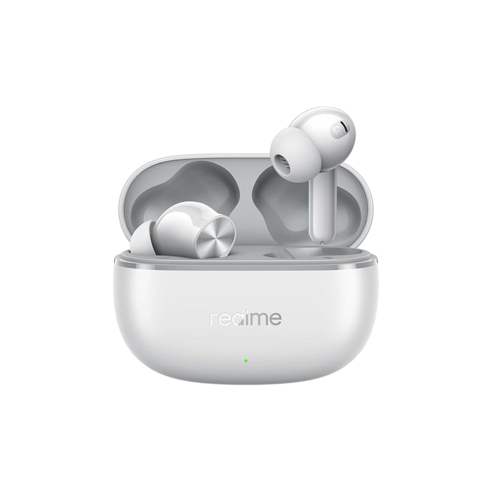 Wireless earbuds with charging case on a white background, featuring the Realme brand.