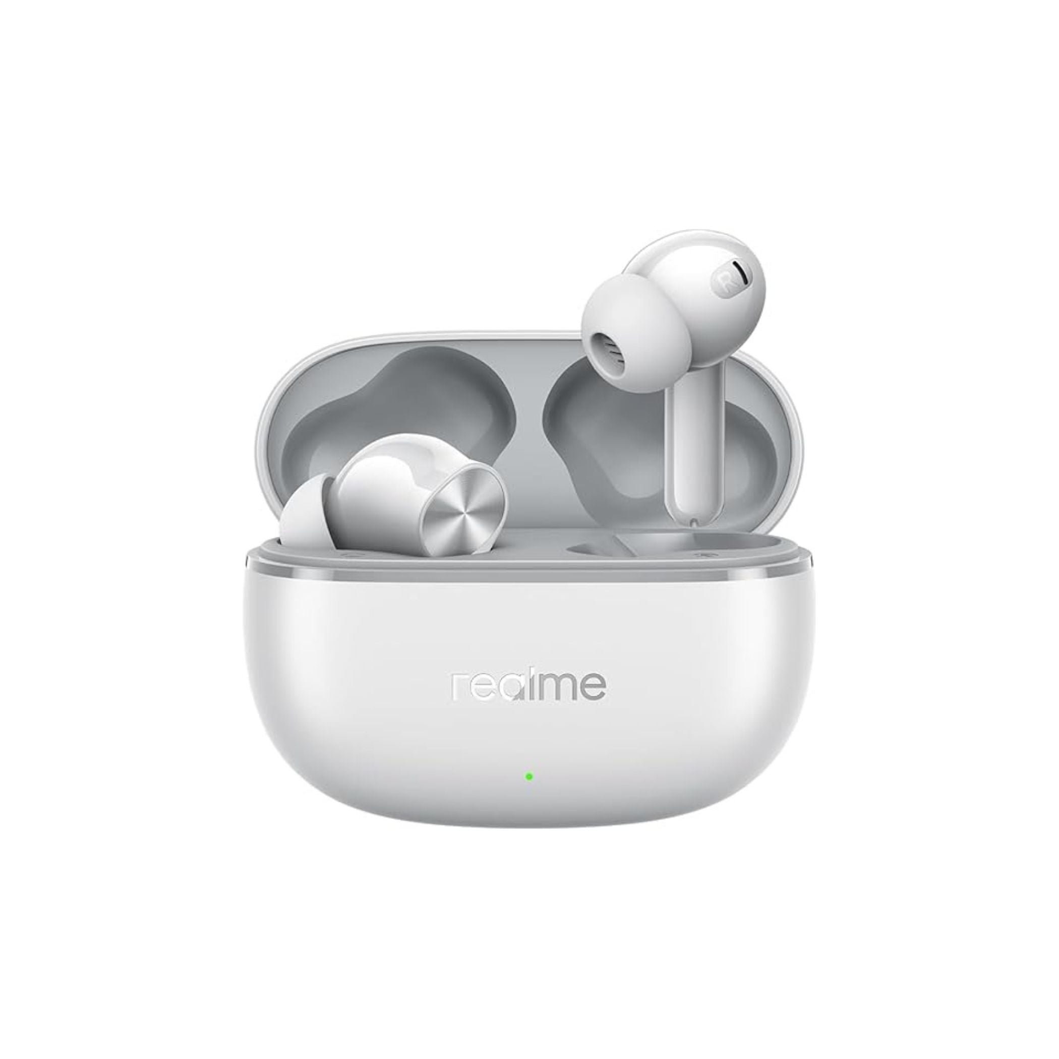 Wireless earbuds with charging case on a white background, featuring the Realme brand.