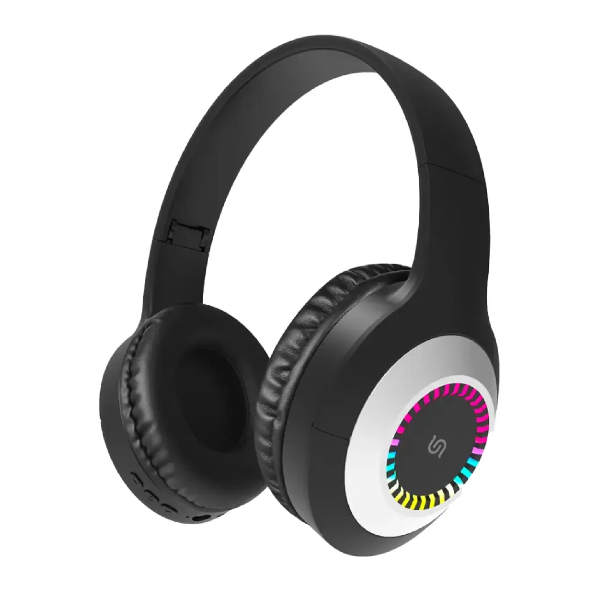 Black Porodo Soundtec Radiant Wireless Headphones with multicolored LED light on the ear cup, featuring on-ear controls and a 3.5mm jack.