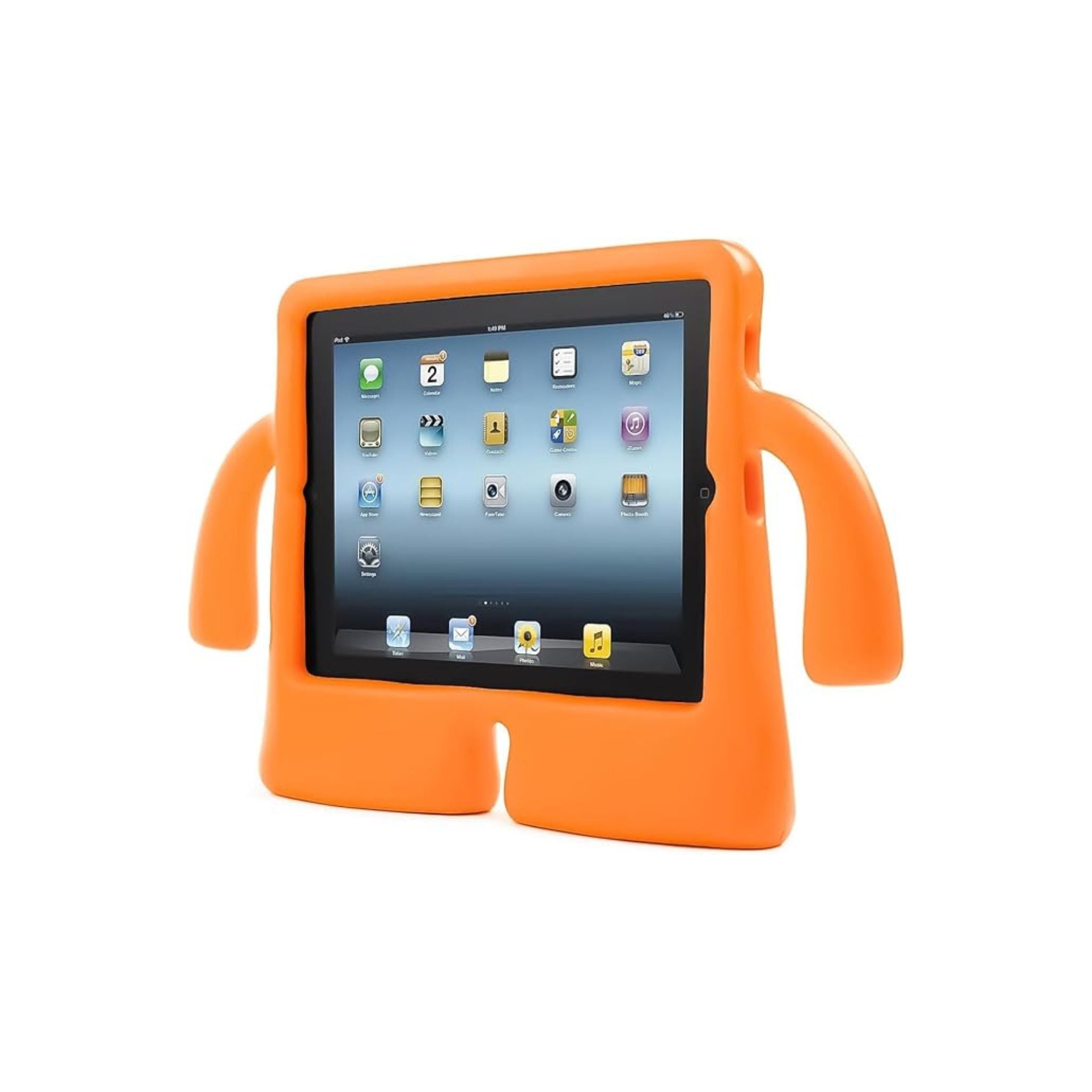 Orange tablet stand with a tablet on a white background