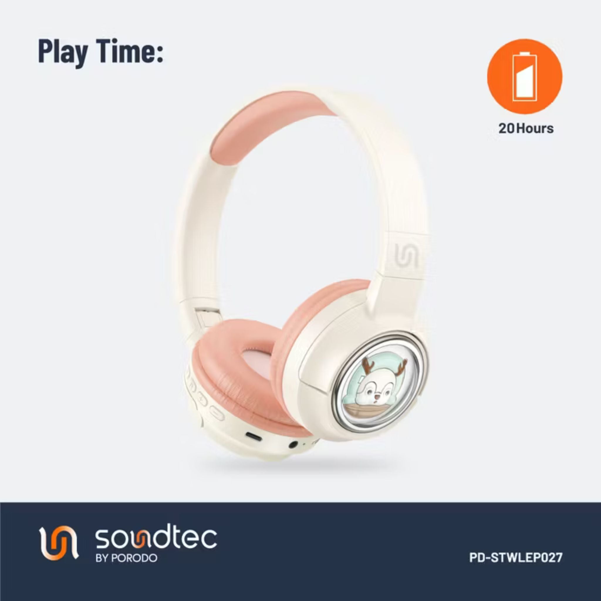 Porodo Soundtec Moose Wireless Kids Headphones with LED Lights, 40mm Speaker, 20 Hours Play Time, Bluetooth 5.3, 400mAh Battery, USB-C Charging Port, Comfort Cushions