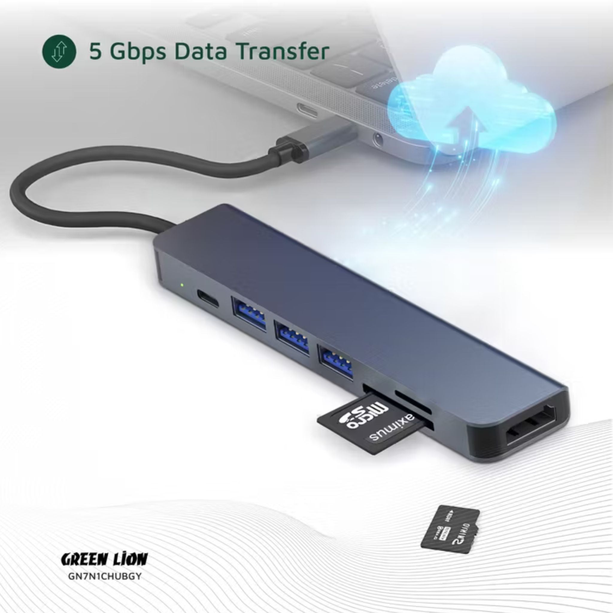 Green Lion 7-in-1 USB-C Hub with 3× USB-A, HDMI, TF/SD Card & USB-C Ports, Aluminum Alloy Material, 4K@30Hz Resolution, 5 Gbps Data Transfer, 16.7cm Cable Length - Gray