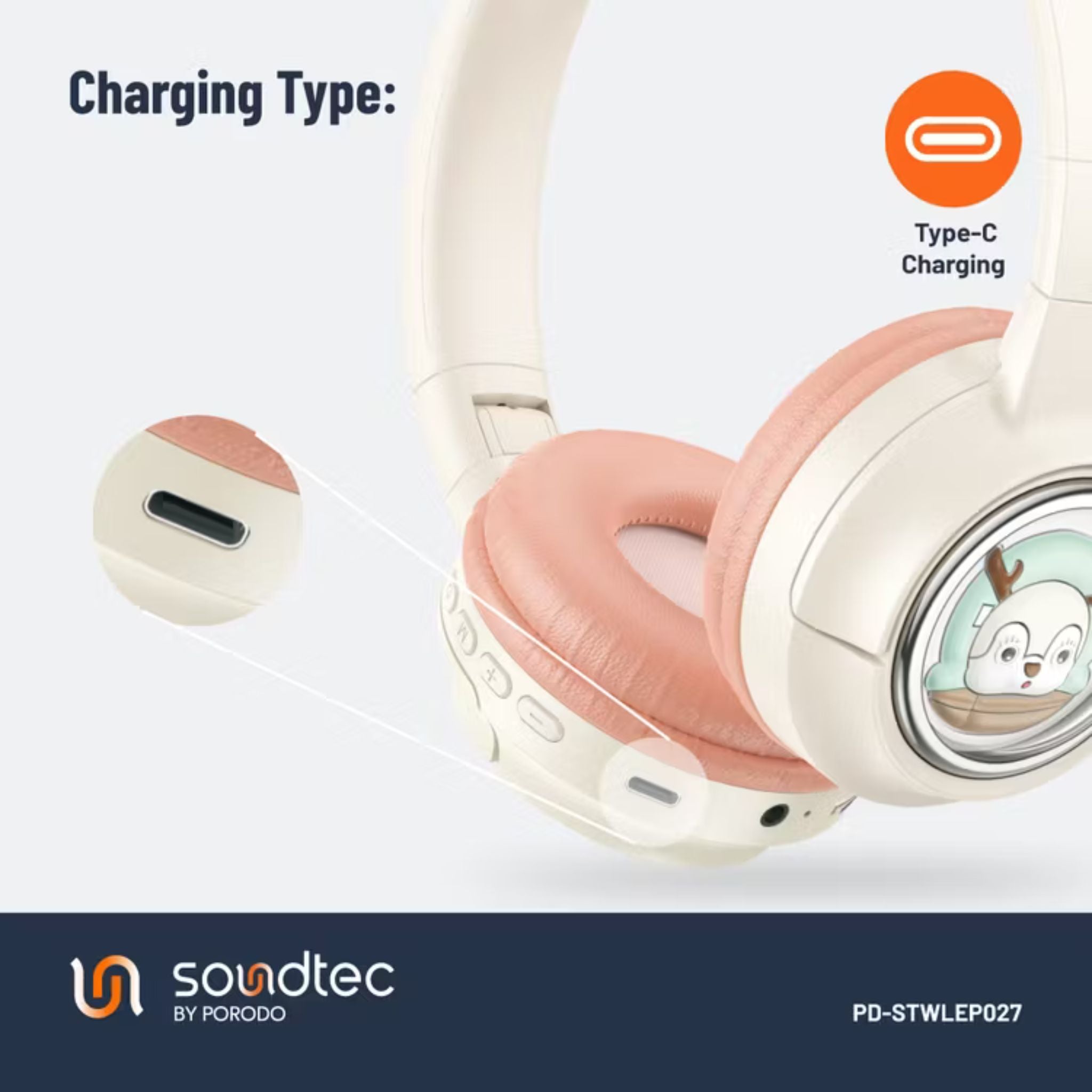 Porodo Soundtec Moose Wireless Kids Headphones with LED Lights, 40mm Speaker, 20 Hours Play Time, Bluetooth 5.3, 400mAh Battery, USB-C Charging Port, Comfort Cushions