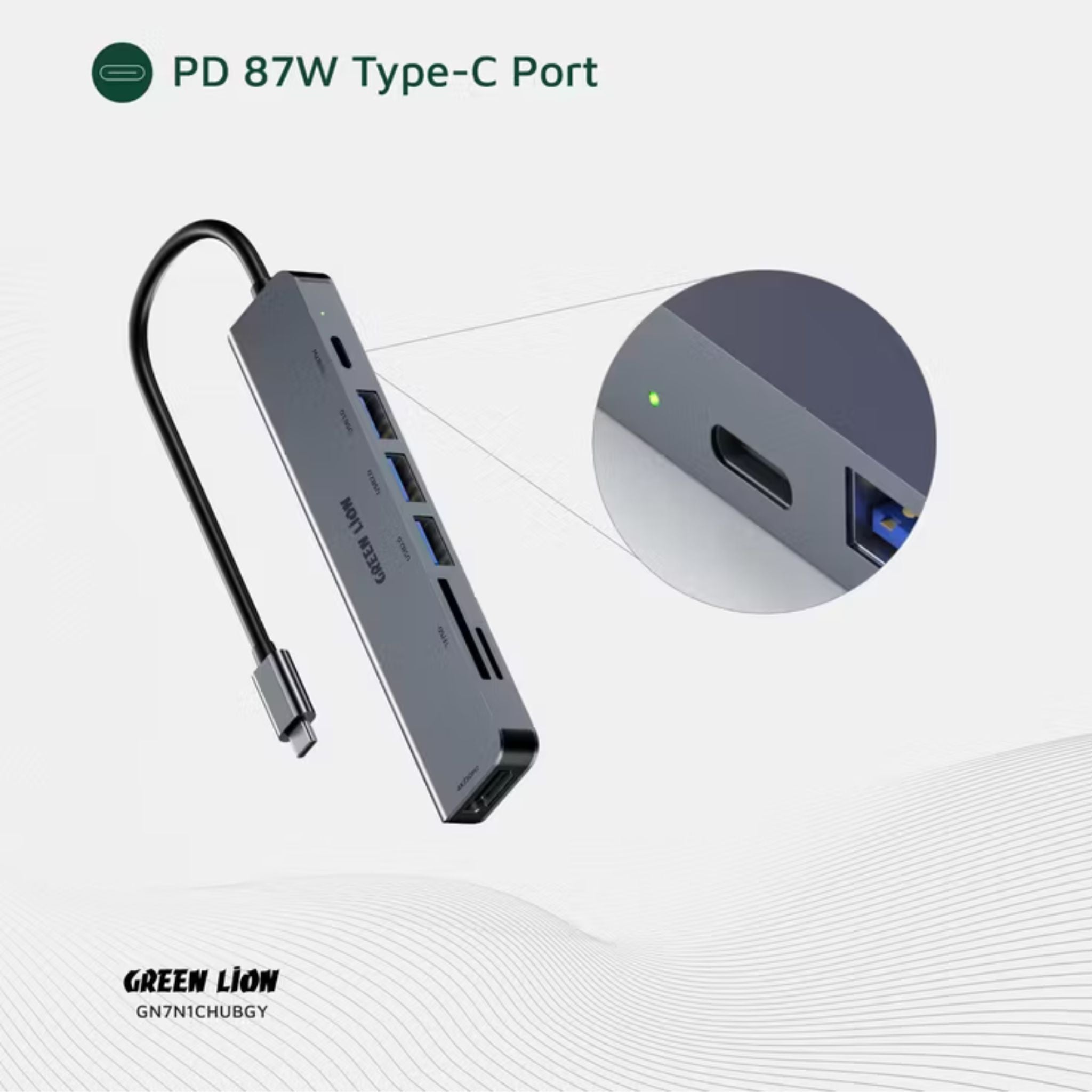 Green Lion 7-in-1 USB-C Hub with 3× USB-A, HDMI, TF/SD Card & USB-C Ports, Aluminum Alloy Material, 4K@30Hz Resolution, 5 Gbps Data Transfer, 16.7cm Cable Length - Gray