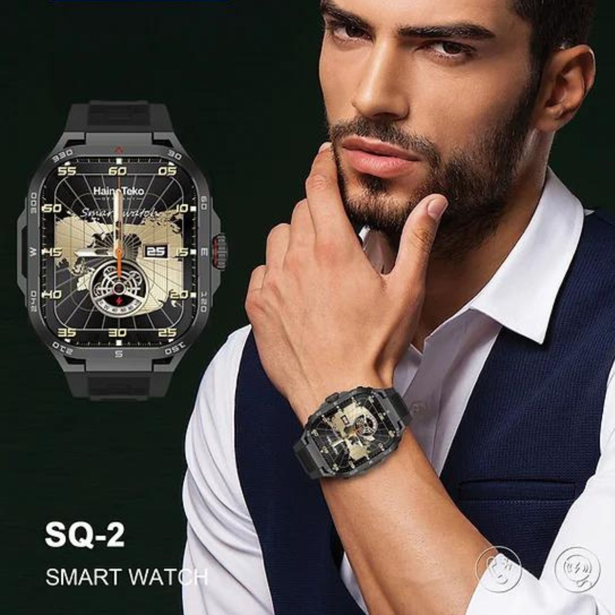 Haino Teko Germany SQ2 AMOLED Display Smart Watch With 3 Pair Strap and Wireless Charger for Gents and Boys_Black