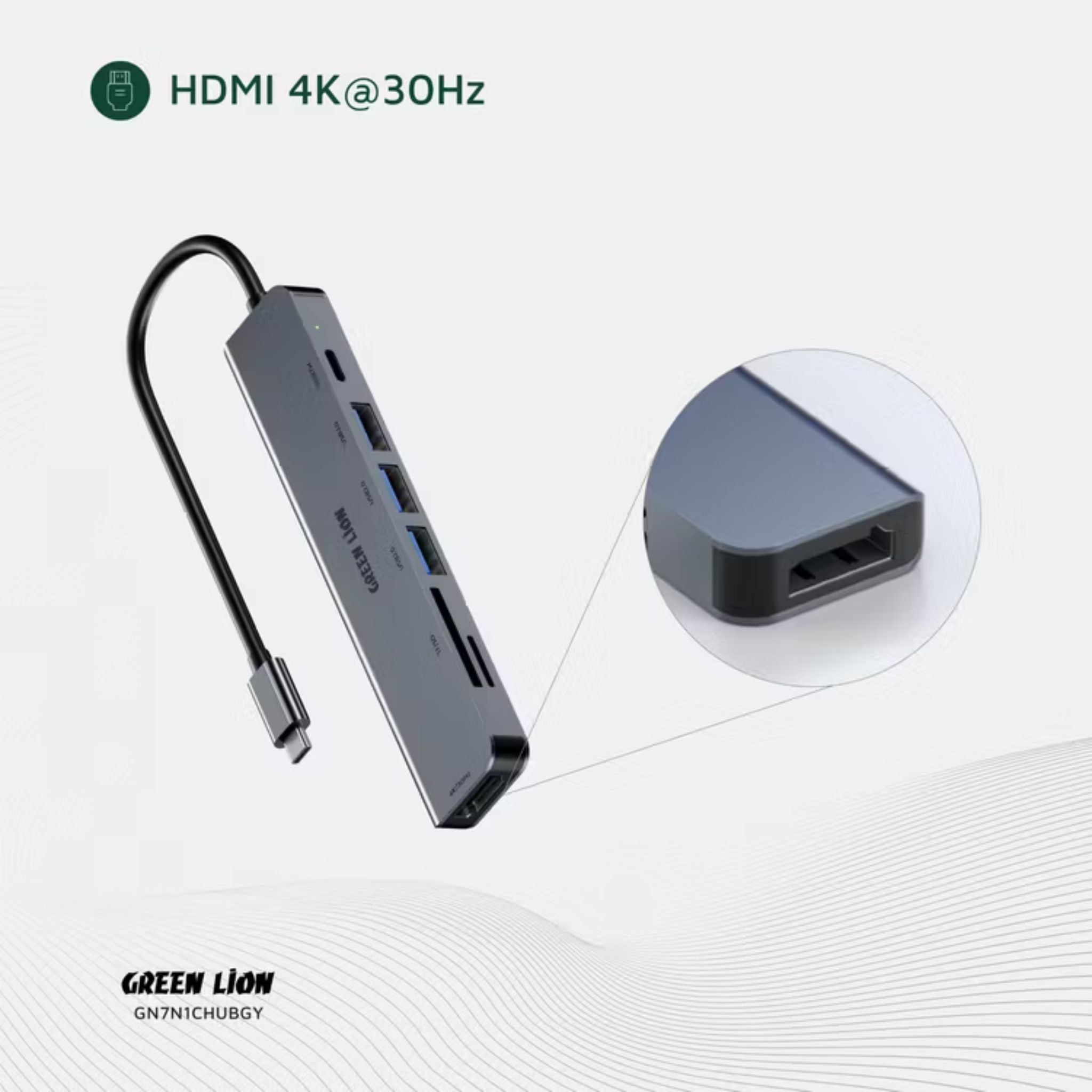 Green Lion 7-in-1 USB-C Hub with 3× USB-A, HDMI, TF/SD Card & USB-C Ports, Aluminum Alloy Material, 4K@30Hz Resolution, 5 Gbps Data Transfer, 16.7cm Cable Length - Gray