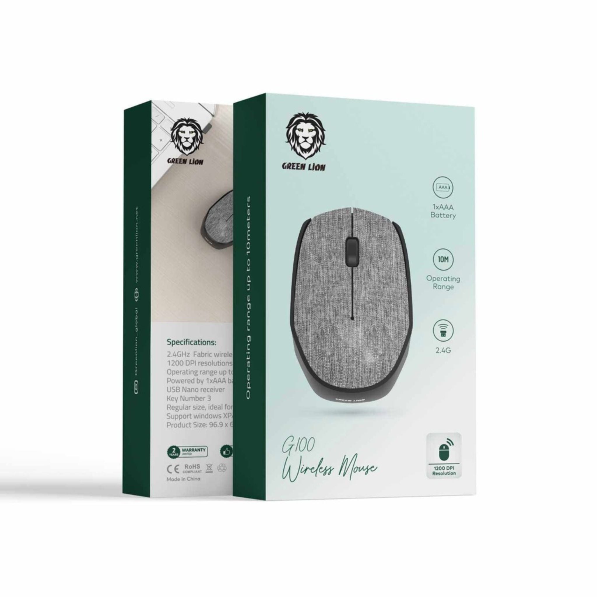 Green Lion G100 Wireless Mouse, 1200 DPI Resolution, 1 AAA Battery, 10M Operating Range, 3 Keys, Support Windows, Mac And Android, USB Nano, Bluetooth Wireless, User Friendly - Gray