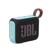 A JBL Go4 Portable Wireless Speaker in black and orange color options, featuring a carry handle and control buttons on the front.