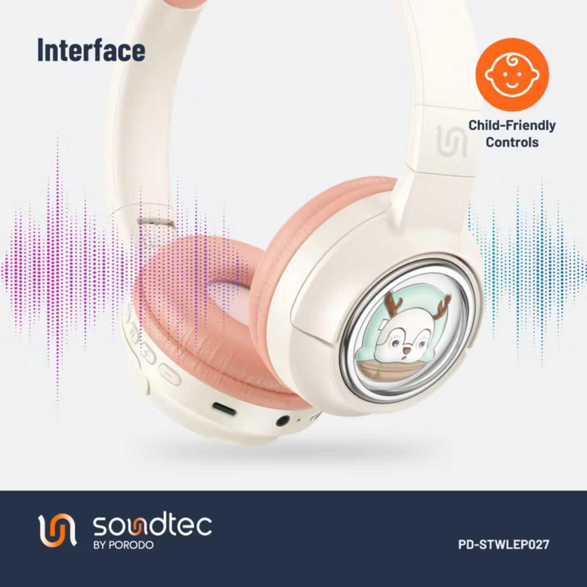 Porodo Soundtec Moose Wireless Kids Headphones with LED Lights, 40mm Speaker, 20 Hours Play Time, Bluetooth 5.3, 400mAh Battery, USB-C Charging Port, Comfort Cushions