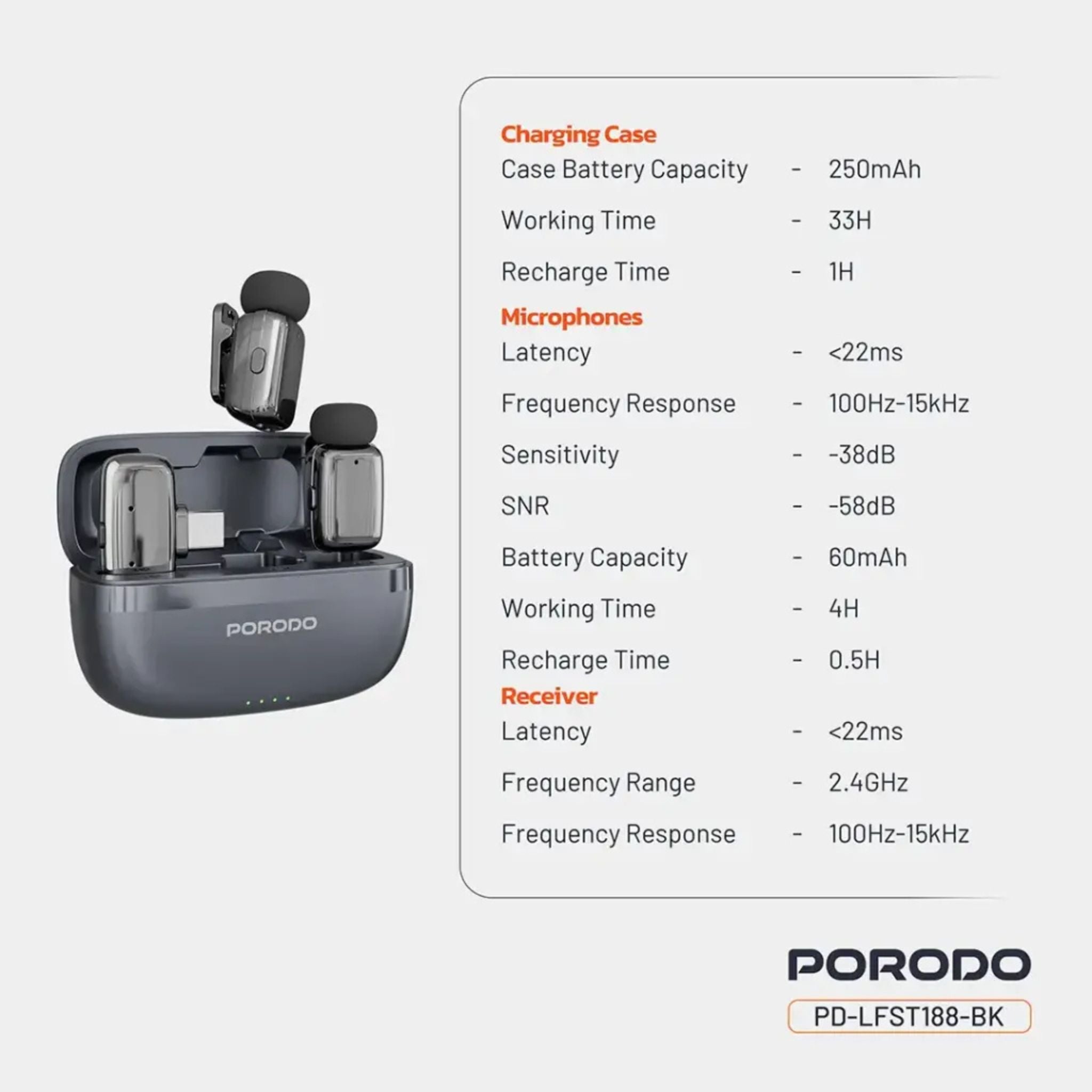 Porodo Wireless Lavalier Microphones Type-C, 2.4GHz, Noise Reduction, <22ms Low Latency, 33H Total Playtime, Plug & Play, Clear Audio Recording System-Black