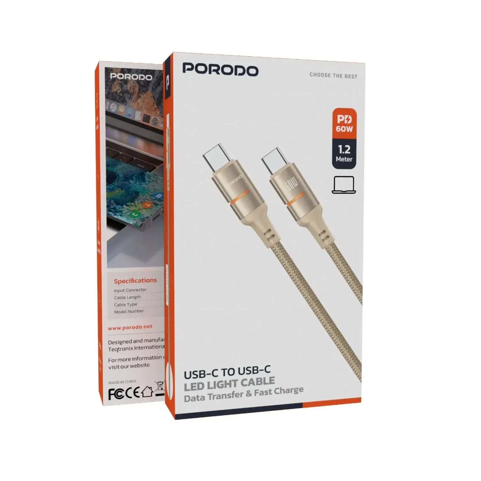 Porodo 60W  Type-C to Type-C Braided Cable  1.2M - Gold