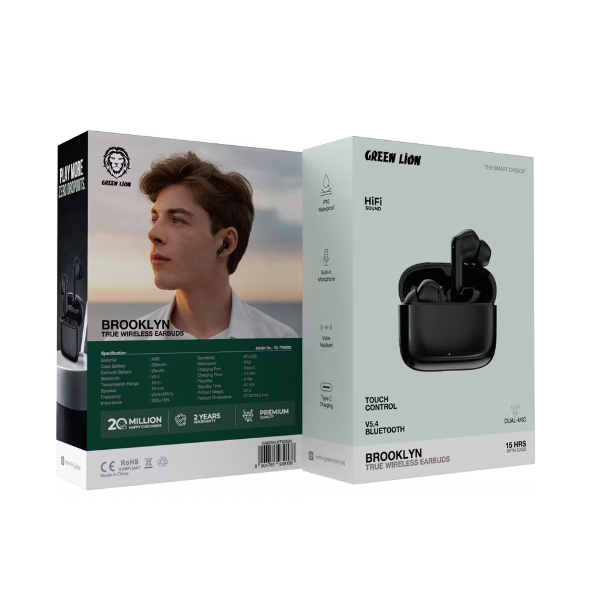 Green Lion Brooklyn True Wireless Earbuds with Voice Assistant, 4 Hours Playtime, Built-in Microphone, HiFi Sound, Touch Control, Dual-Mic - Black