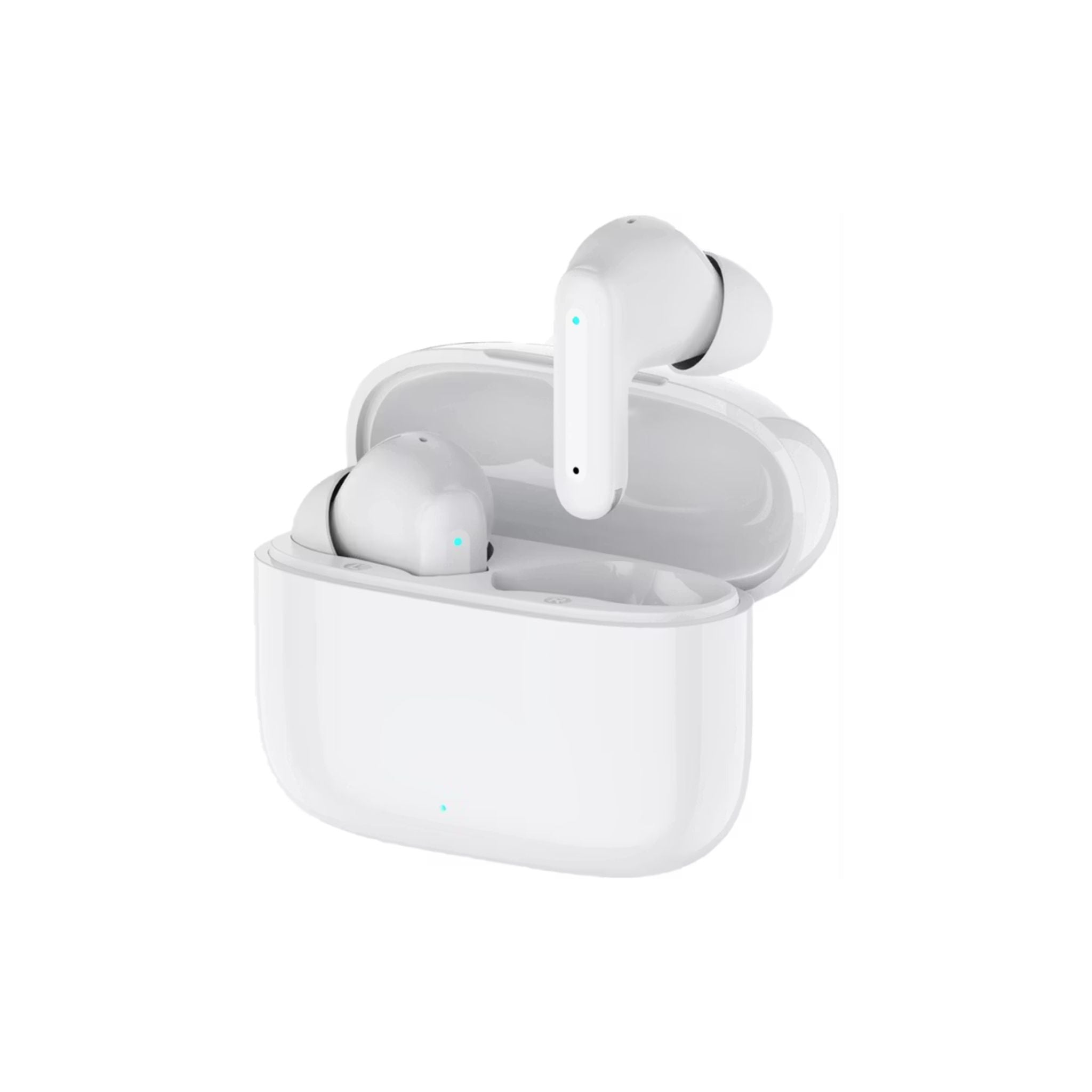 White wireless earbuds with charging case on a white background