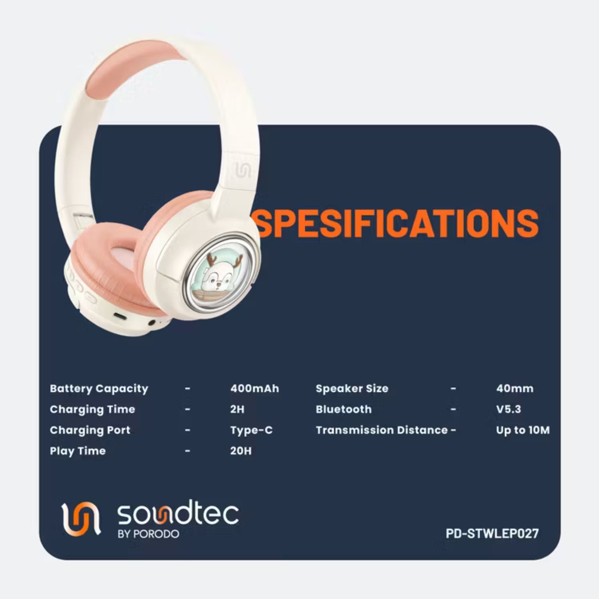 Porodo Soundtec Moose Wireless Kids Headphones with LED Lights, 40mm Speaker, 20 Hours Play Time, Bluetooth 5.3, 400mAh Battery, USB-C Charging Port, Comfort Cushions