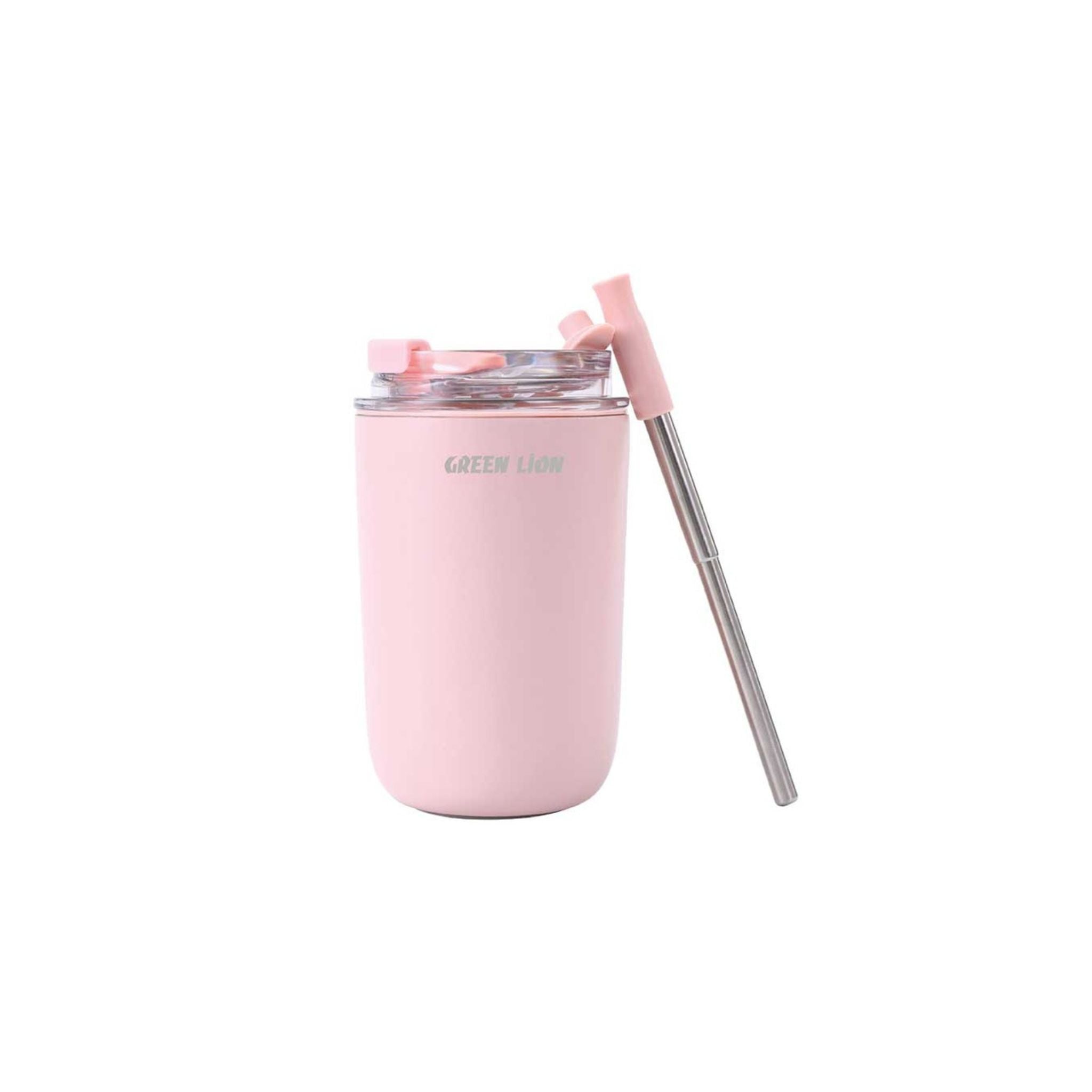 Green Lion Vacuum Travel Mug Lite, 280 mL Capacity, Keeping Hot for 6 Hours and Cold for 12 Hours, Food Grade Silicone Straw, Food Grade Stainless Steel Cup - Pink