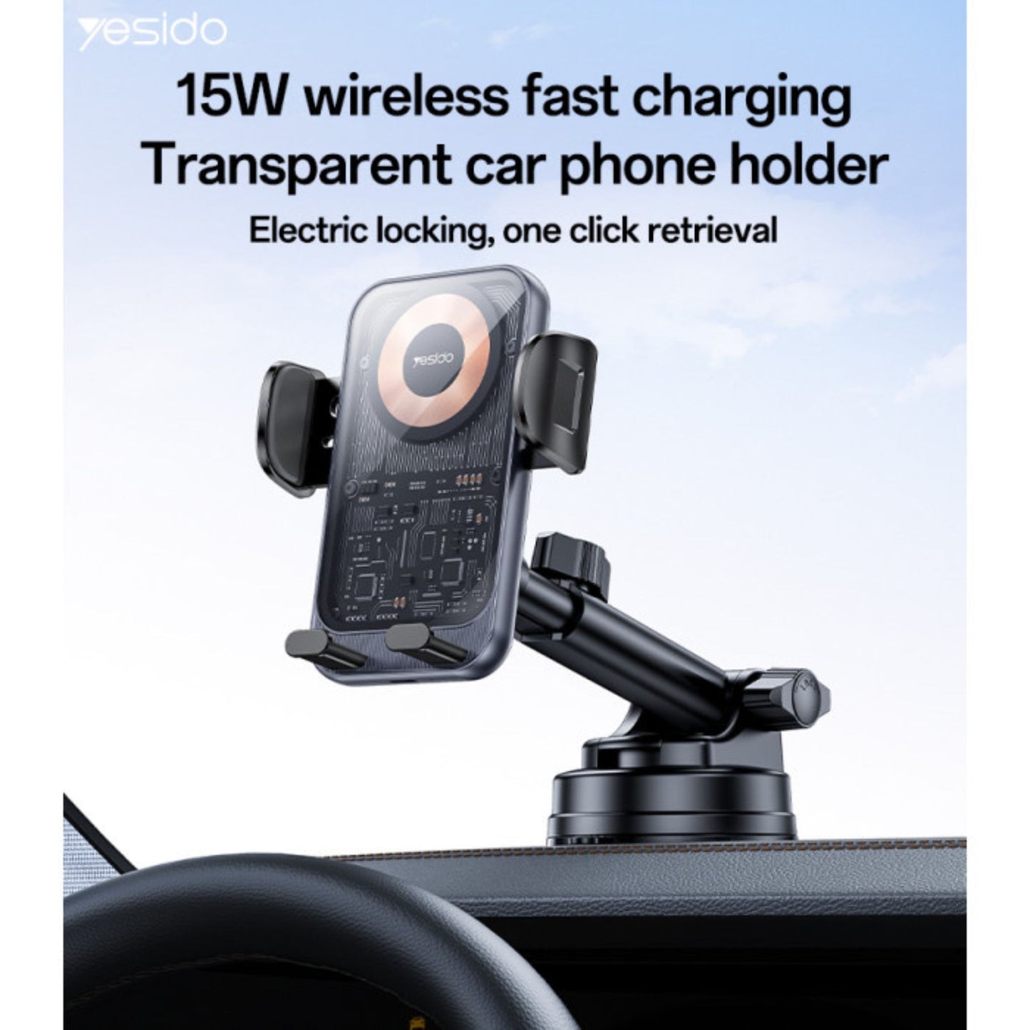 YESIDO C307 360 Rotation Electric Locking 15W Wireless Fast Charging Transparent Car Phone Holder