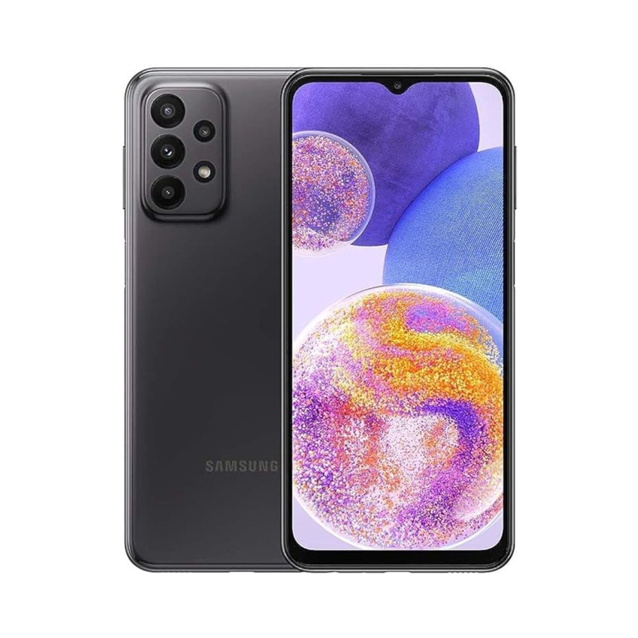 Samsung Galaxy A23 smartphone in black color showing the front screen display and rear camera setup.