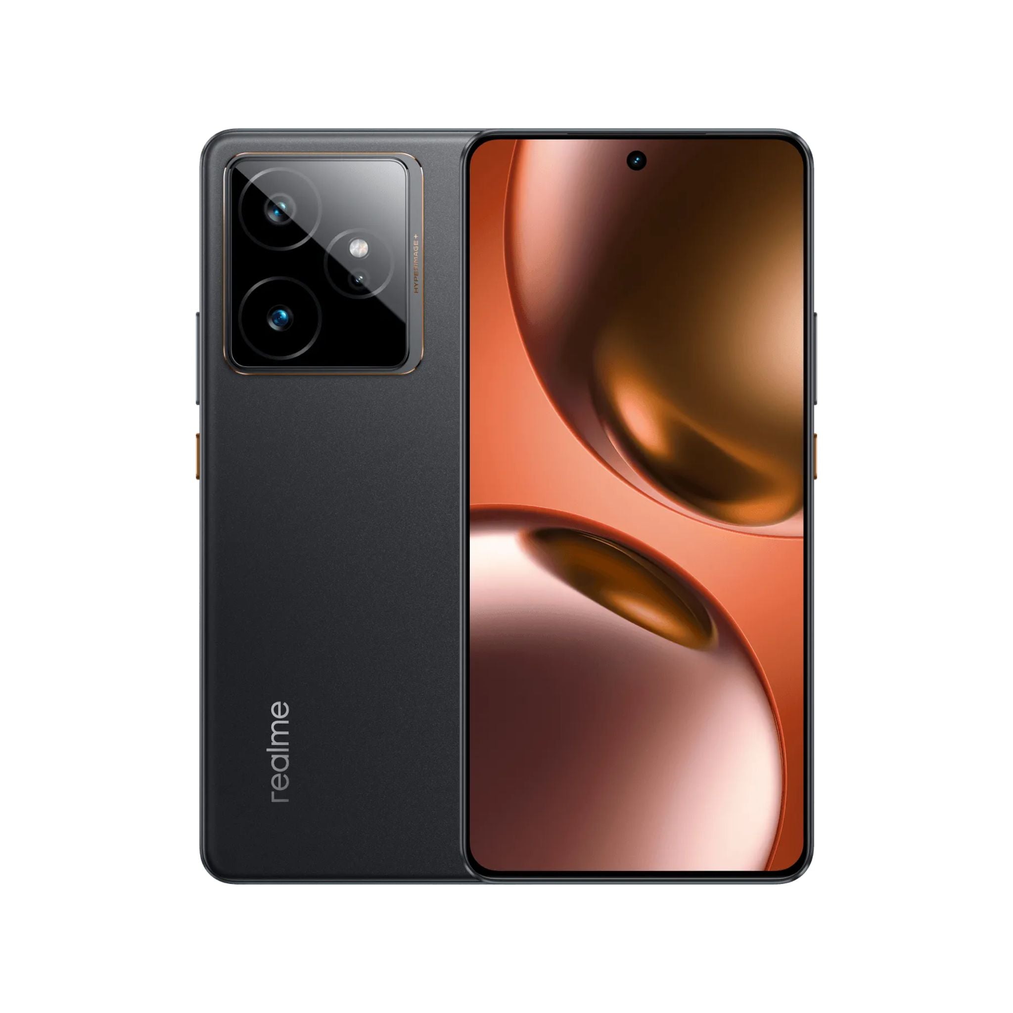 Realme smartphone showing front and back on a white background