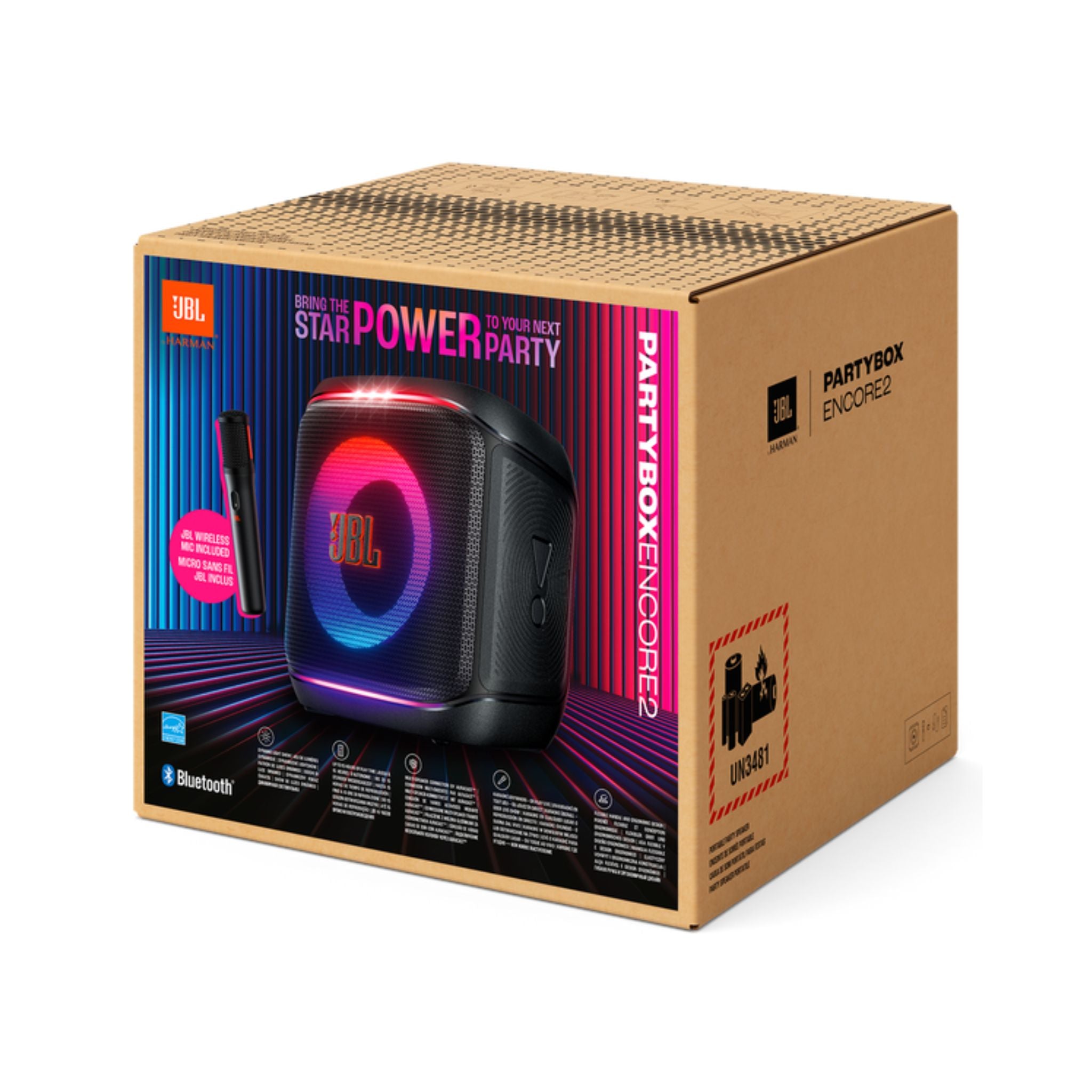 JBL PartyBox Encore 2 Portable Bluetooth Speaker 100W Sound AI Boost 15H Battery Wireless Mic Dynamic Lights Auracast, Karaoke & Guitar Input IPX4 Splashproof -Black