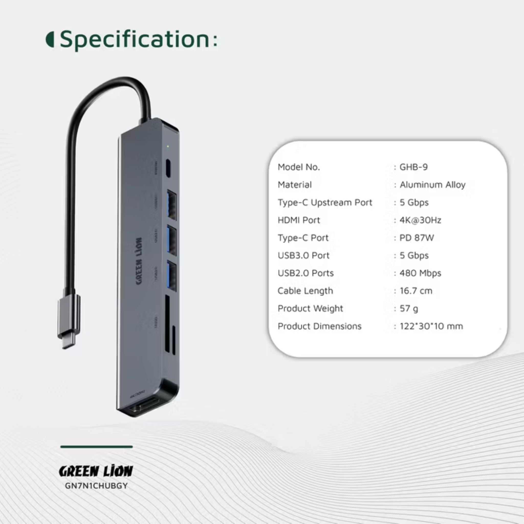 Green Lion 7-in-1 USB-C Hub with 3× USB-A, HDMI, TF/SD Card & USB-C Ports, Aluminum Alloy Material, 4K@30Hz Resolution, 5 Gbps Data Transfer, 16.7cm Cable Length - Gray