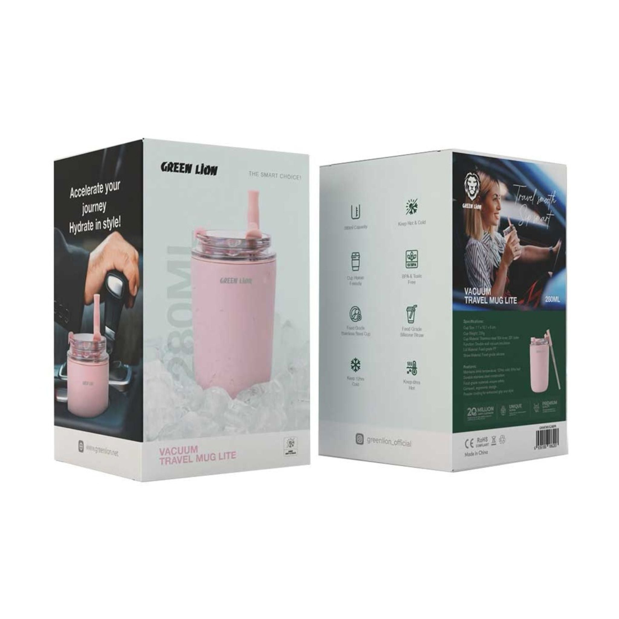 Green Lion Vacuum Travel Mug Lite, 280 mL Capacity, Keeping Hot for 6 Hours and Cold for 12 Hours, Food Grade Silicone Straw, Food Grade Stainless Steel Cup - Pink
