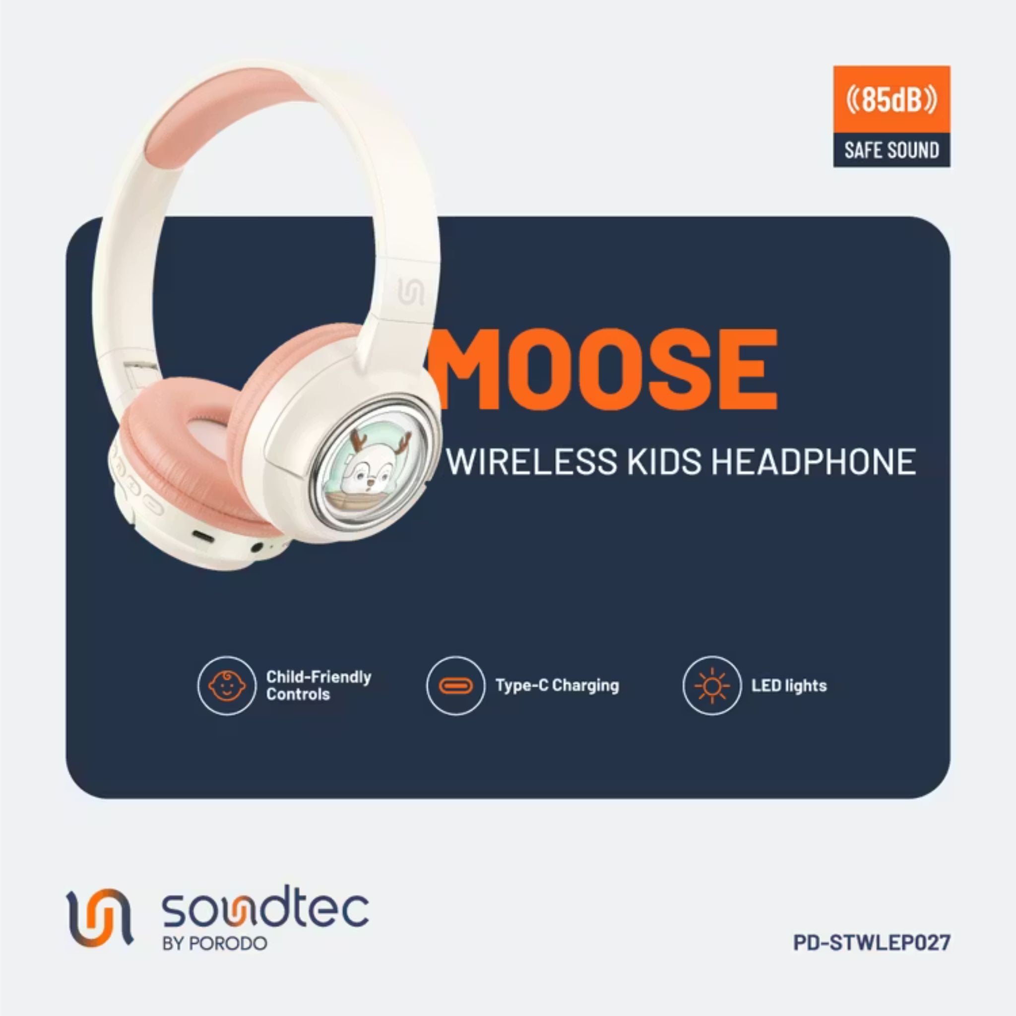 Porodo Soundtec Moose Wireless Kids Headphones with LED Lights, 40mm Speaker, 20 Hours Play Time, Bluetooth 5.3, 400mAh Battery, USB-C Charging Port, Comfort Cushions