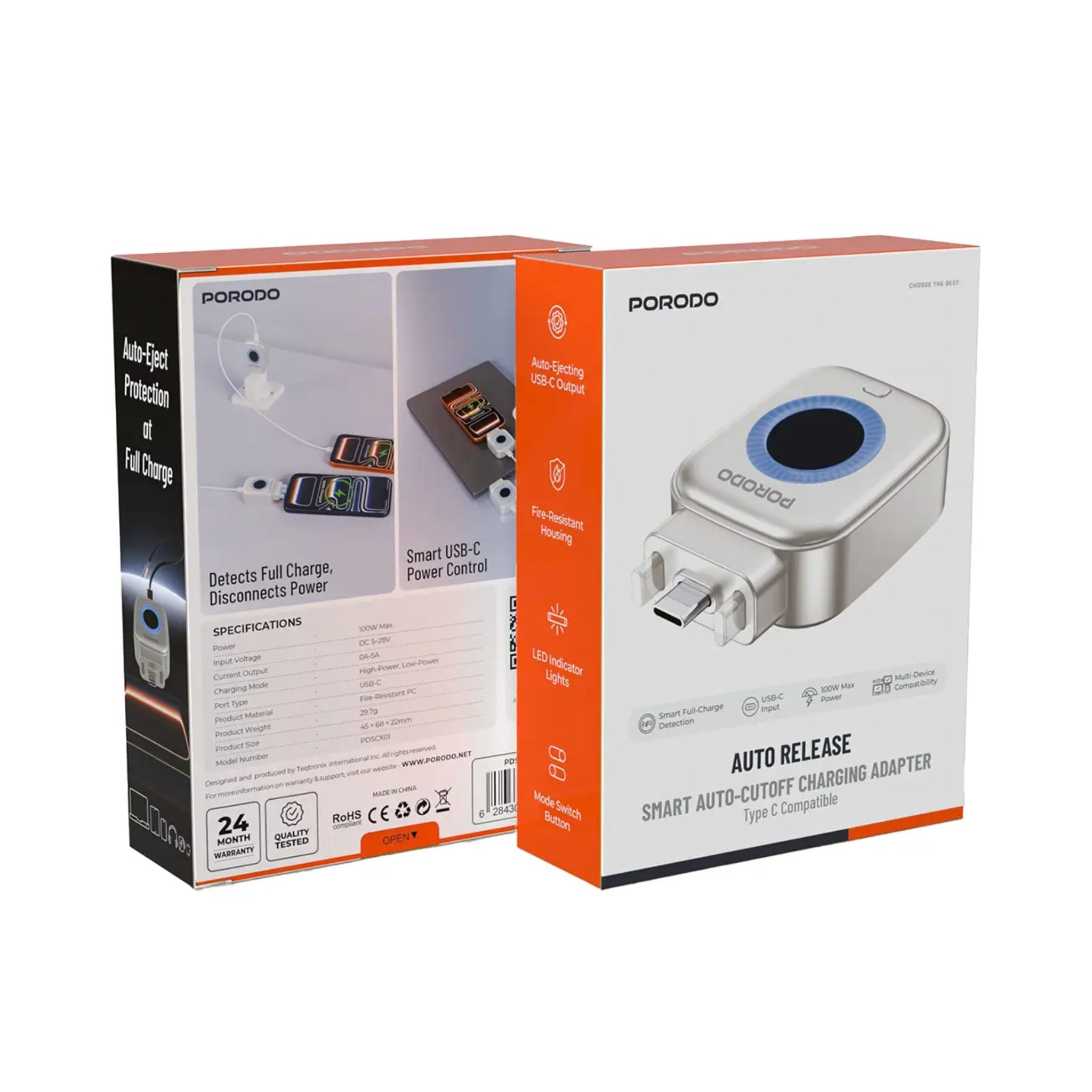 Porodo Auto Release Smart Auto-Cutoff Charging Adapter - Silver
