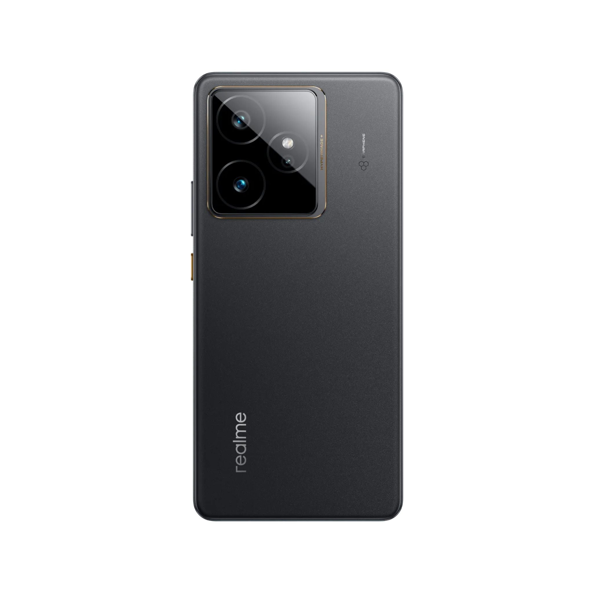 Black smartphone with 'realme' branding on a white background