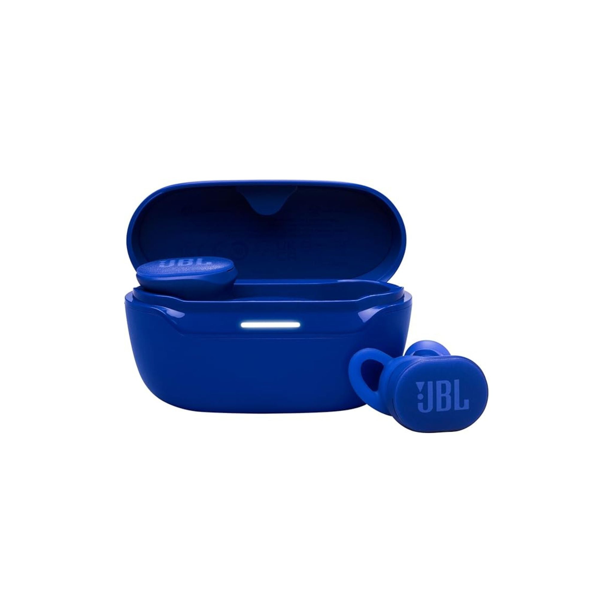 A pair of blue JBL Endurance Race 2 true wireless Bluetooth earbuds with an open charging case.