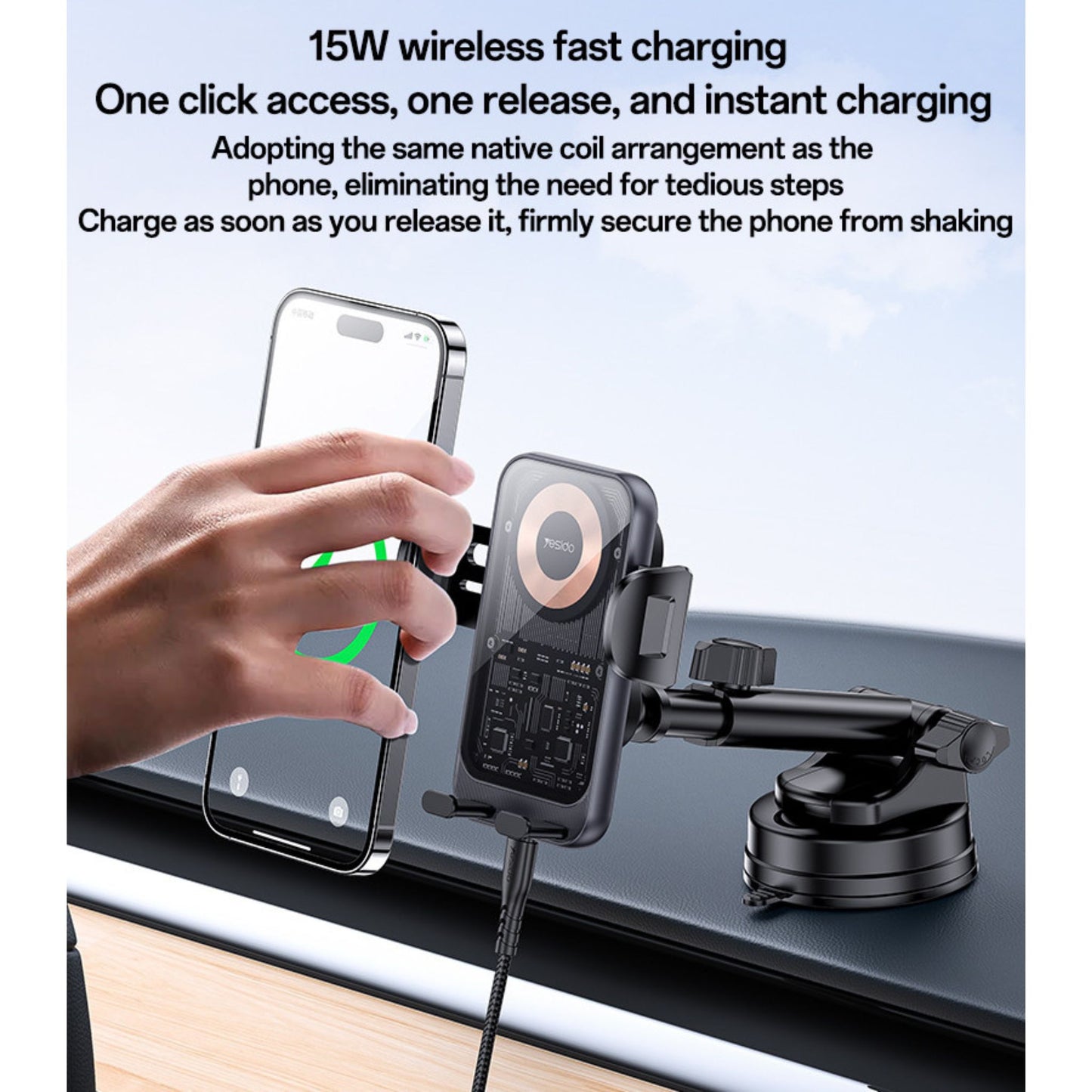 YESIDO C307 360 Rotation Electric Locking 15W Wireless Fast Charging Transparent Car Phone Holder