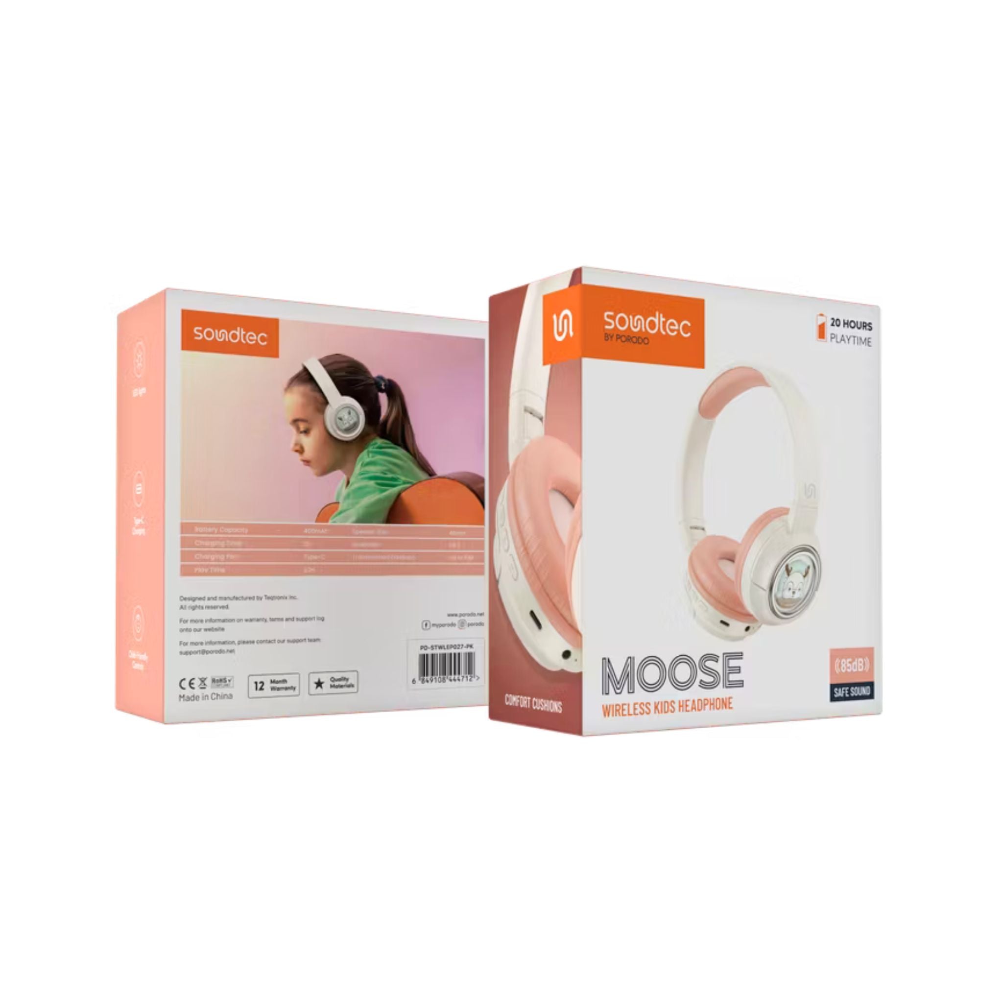 Porodo Soundtec Moose Wireless Kids Headphones with LED Lights, 40mm Speaker, 20 Hours Play Time, Bluetooth 5.3, 400mAh Battery, USB-C Charging Port, Comfort Cushions