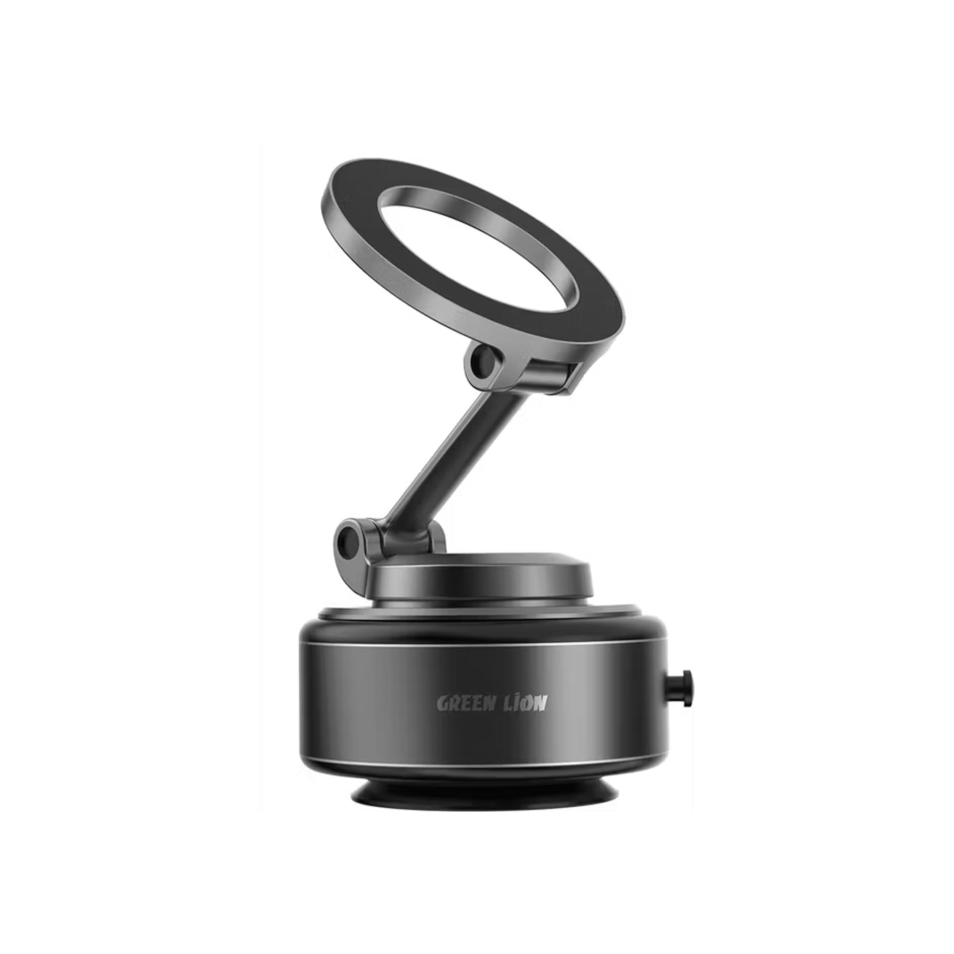Black magnifying phone holder with adjustable arm on a white background, featuring the brand 'Green Lion'.