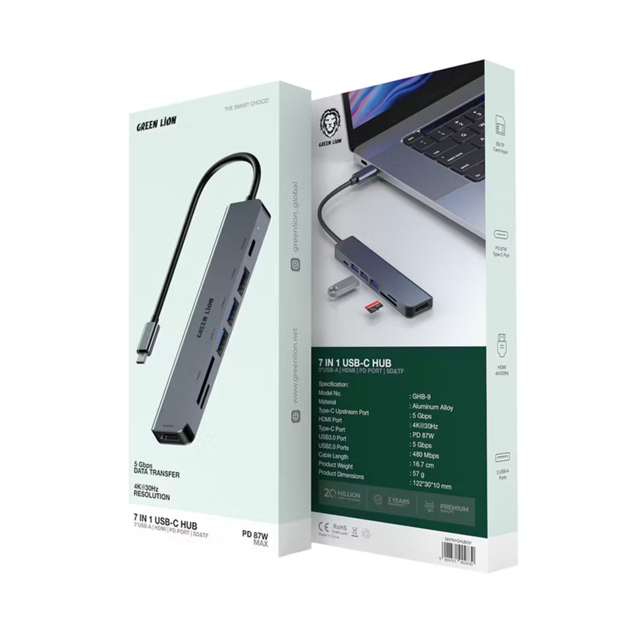 Green Lion 7-in-1 USB-C Hub with 3× USB-A, HDMI, TF/SD Card & USB-C Ports, Aluminum Alloy Material, 4K@30Hz Resolution, 5 Gbps Data Transfer, 16.7cm Cable Length - Gray